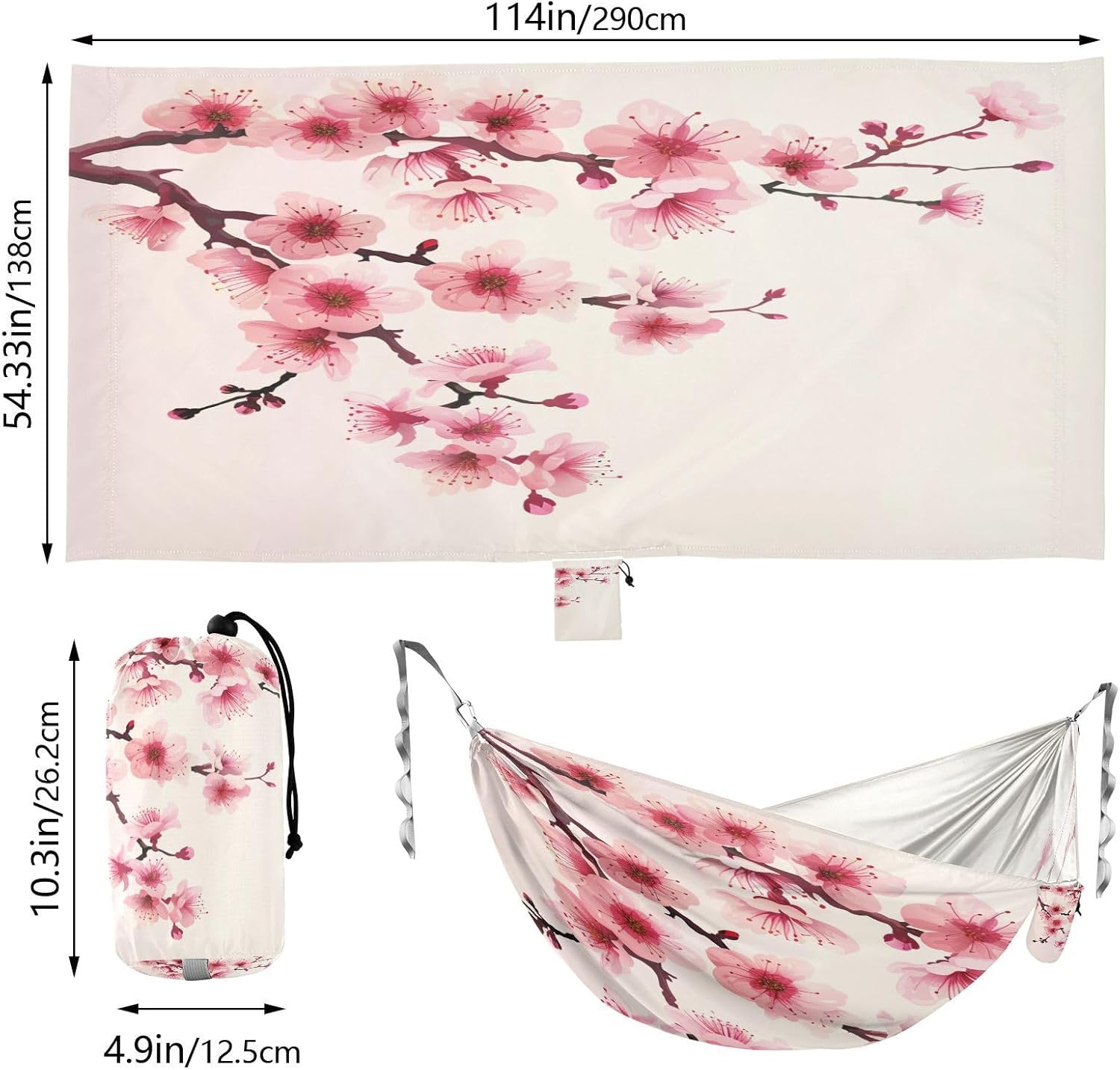 ALAZA Pink Cherry Blossom Flower 4 Camping Hammocks Single or 2 Person 500 lbs Portable Parachute Travel Hammock w/Tree Straps for Hiking Backpacking Indoor Outdoor