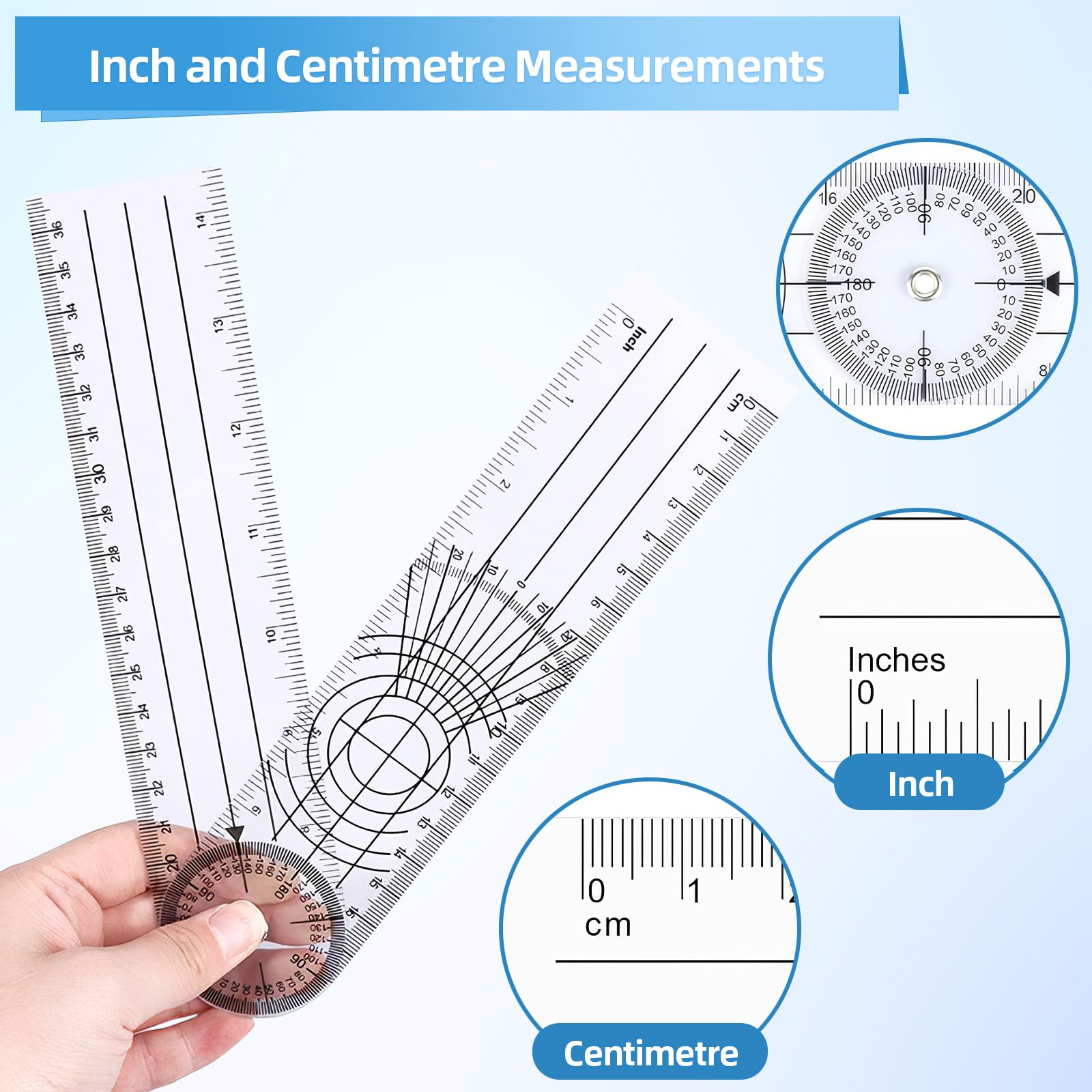 Goniometro 360 Gradi, PVC Goniometro Fisioterapia 360° Trasparenti, 36cm Goniometro Ortopedico Misuratore Angoli