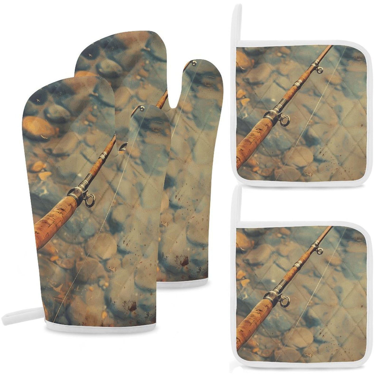 Fishing Rod Oven Mitts and Pot Holders Sets Heat Resistant Oven Glove with Hanging Loop for Baking Cooking BBQ Thicken Potholders for Kitchen