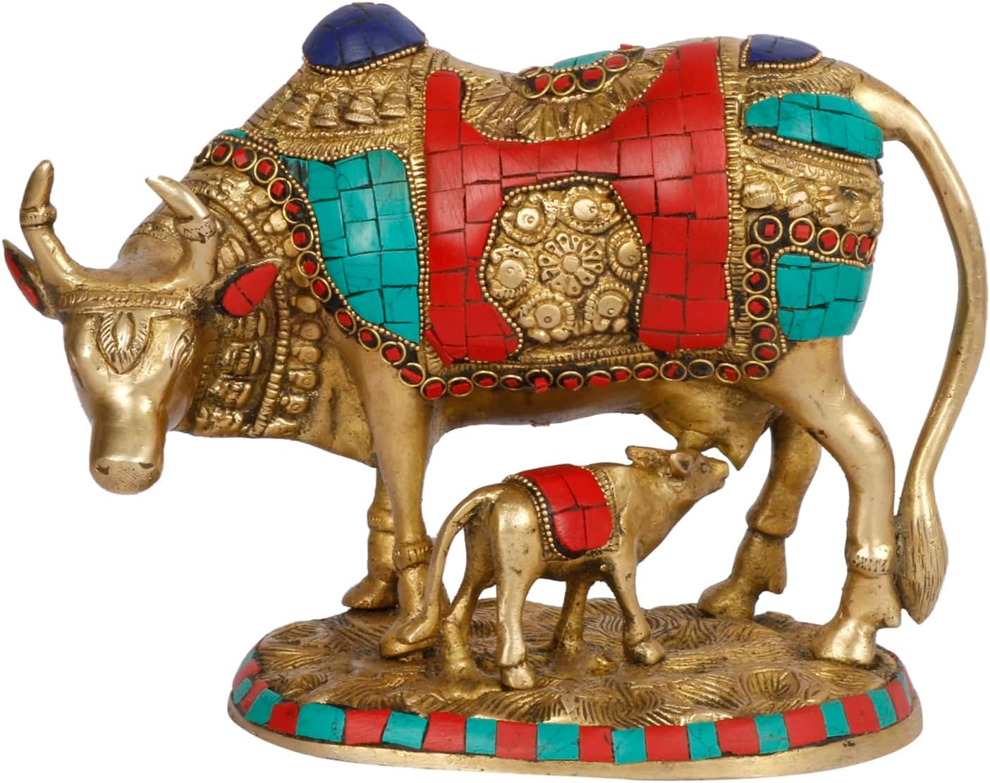 Brass Murti Kamdhenu Holy Cow and Calf Gau MATA Surabhi for Home Decor Vastu Feng Shui Good Luck Statue Multicolored Stone , Height 8 Inch