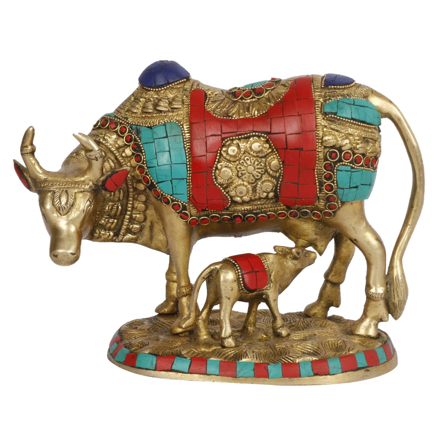 Brass Murti Kamdhenu Holy Cow and Calf Gau MATA Surabhi for Home Decor Vastu Feng Shui Good Luck Statue Multicolored Stone , Height 8 Inch
