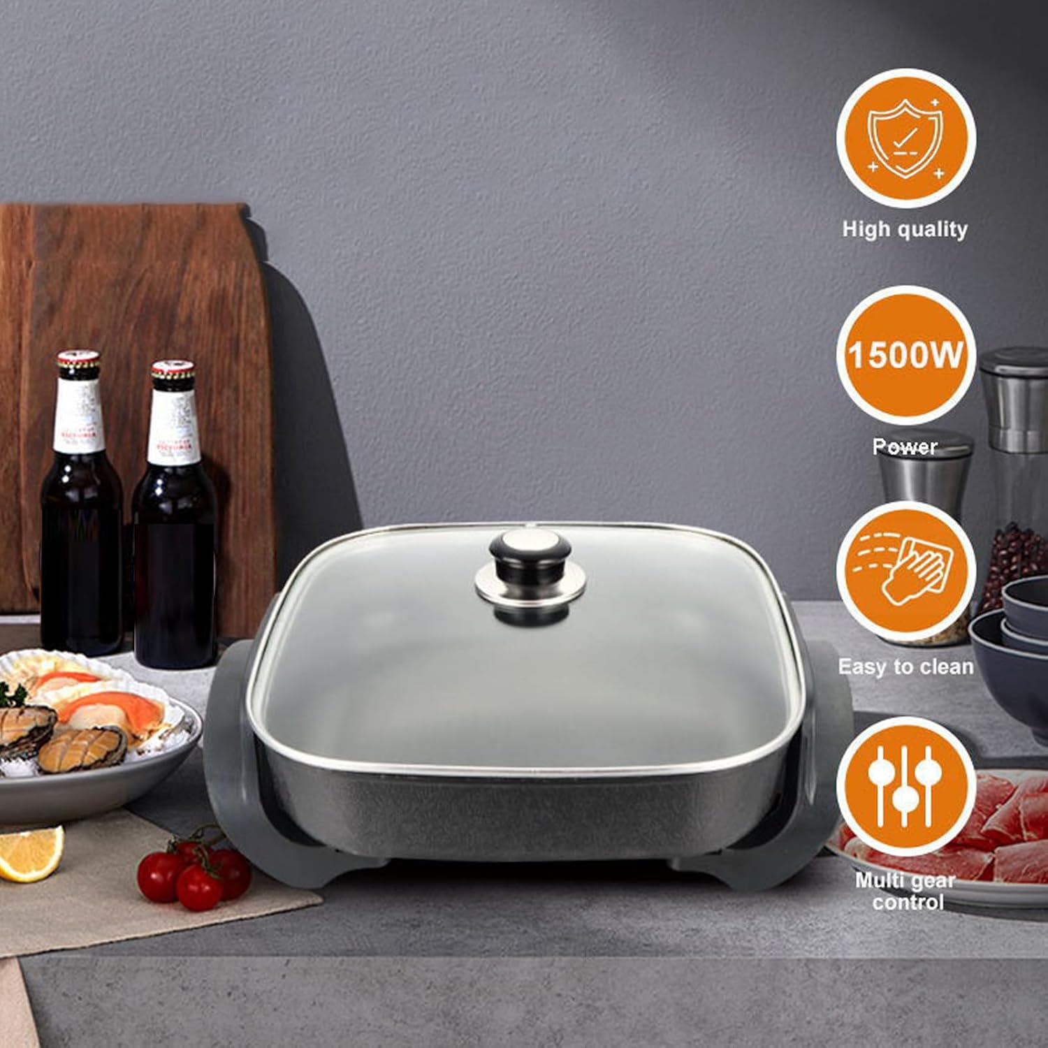 Electric Frying Pan with Transparent Lid, Stainless Steel, Large Capacity, Non-Stick, Multifunctional, 110V US Plug