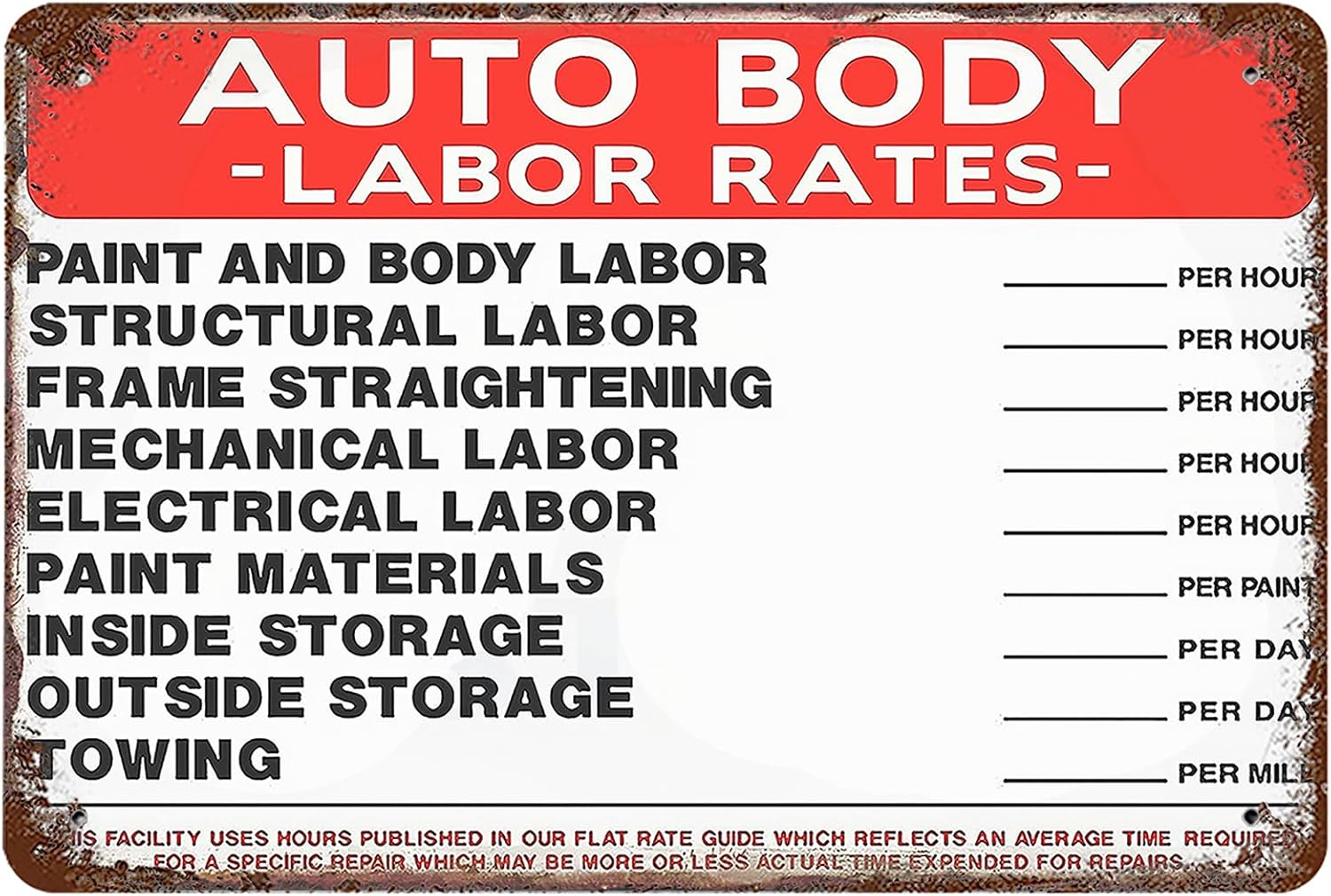 Metal Tin Sign 8x12, Vintage Safety Labor Rate, Wall Decor Auto Body Shop Labor