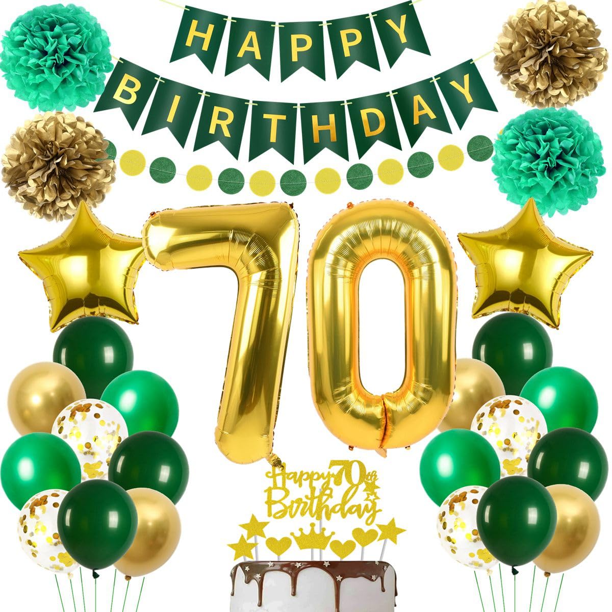 Palloncini 70 Anni Compleanno Donna – Decorazioni Oro E Verde Avocado Con Numero 32" E Banner Happy Birthday