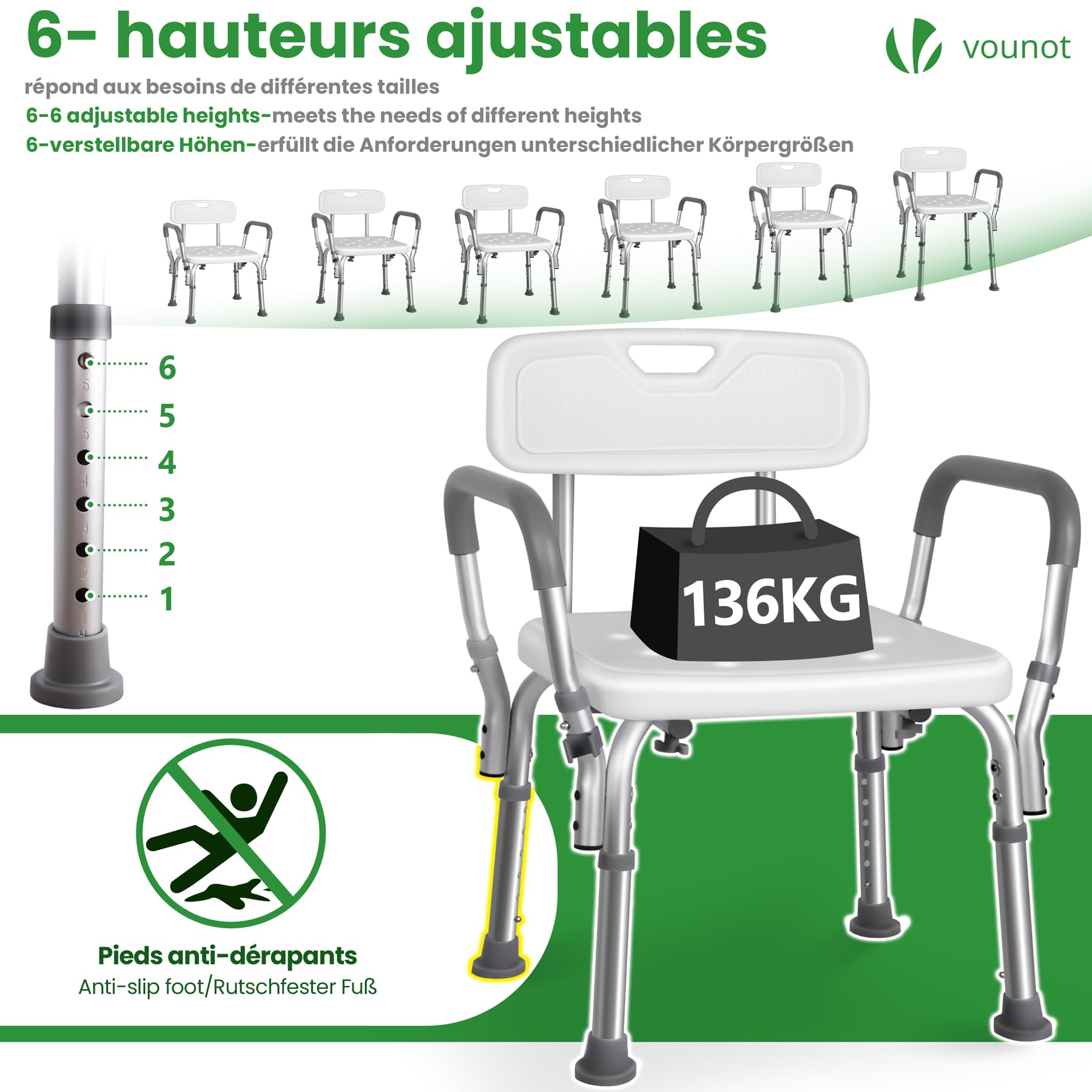VOUNOT® Sedia da Doccia in Alluminio con Schienale e Braccioli, 6 Altezze Regolabili 71-83,5 cm, Sedile Bagno Ergonomica per Anziani e Disabili con Piedini Antiscivolo, Portata Max 136 kg, Bianco