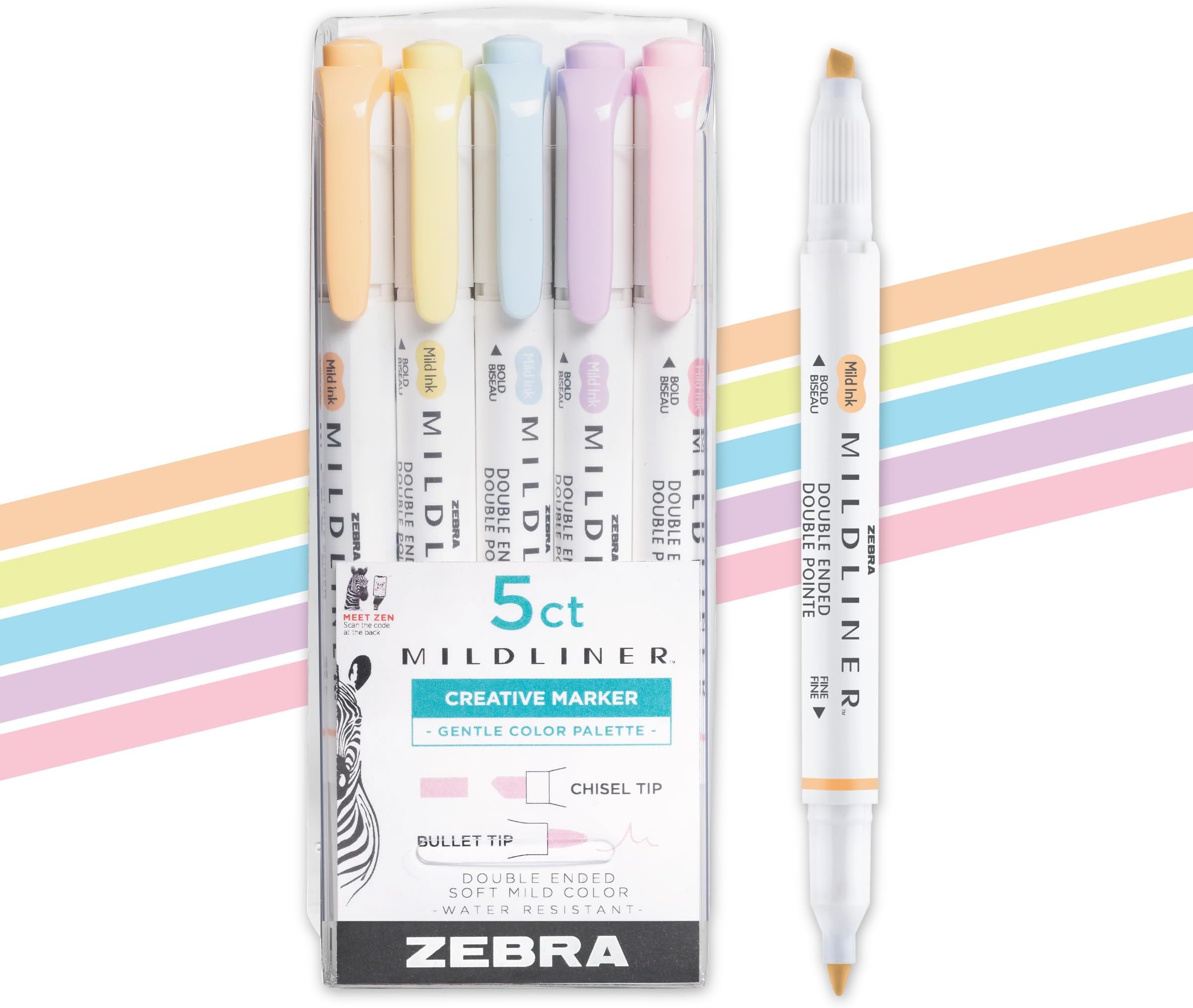 Mildliner Dual-Tip Highlighter Set, Broad and Fine Point Tips, No Bleed, Ideal for Bible Highlighting, Journaling, School and Office Supplies, Assorted Gentle Ink Colors, 5-Pack (78705)