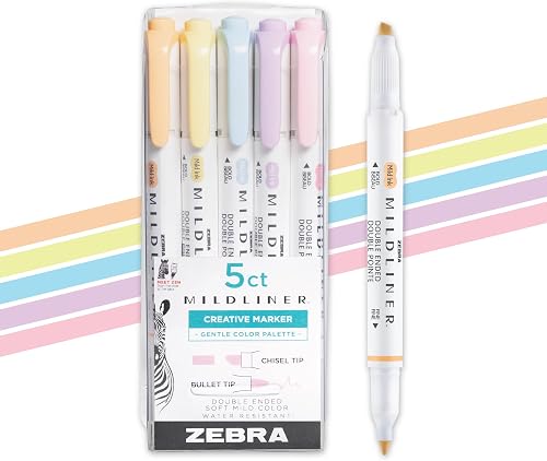 Zebra Pen Mildliner Dual-Tip Highlighter Set, Broad and Fine Point Tips, No Bleed, Ideal for Bible Highlighting, Journaling, School and Office Supplies, Assorted Gentle Ink Colors, 5-Pack (78705)