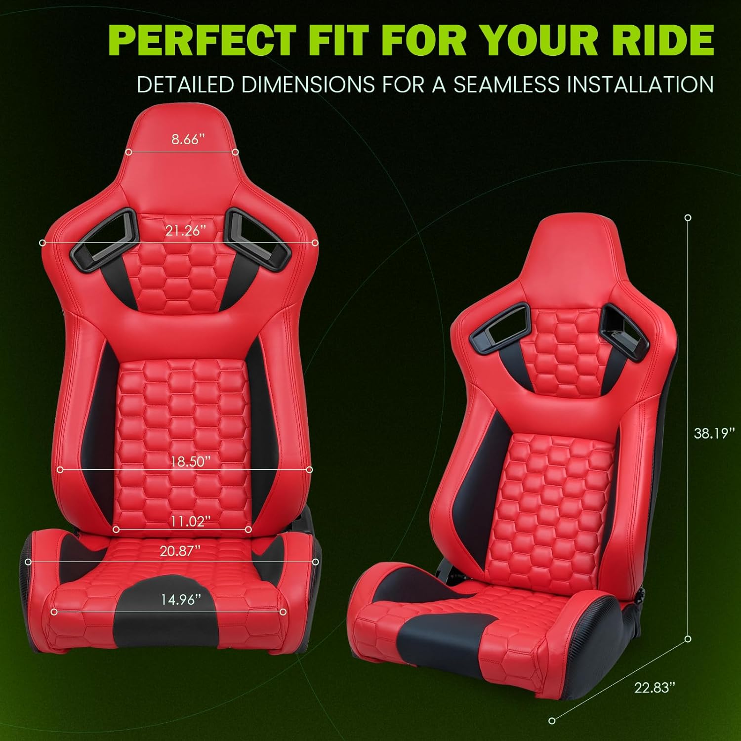 Universal Pairs of Racing Seat with Dual Sliders, PU Leather Front+Carbon Leather Back Reclinable Bucket Seat, Red & Black+Hexagonal Quilting