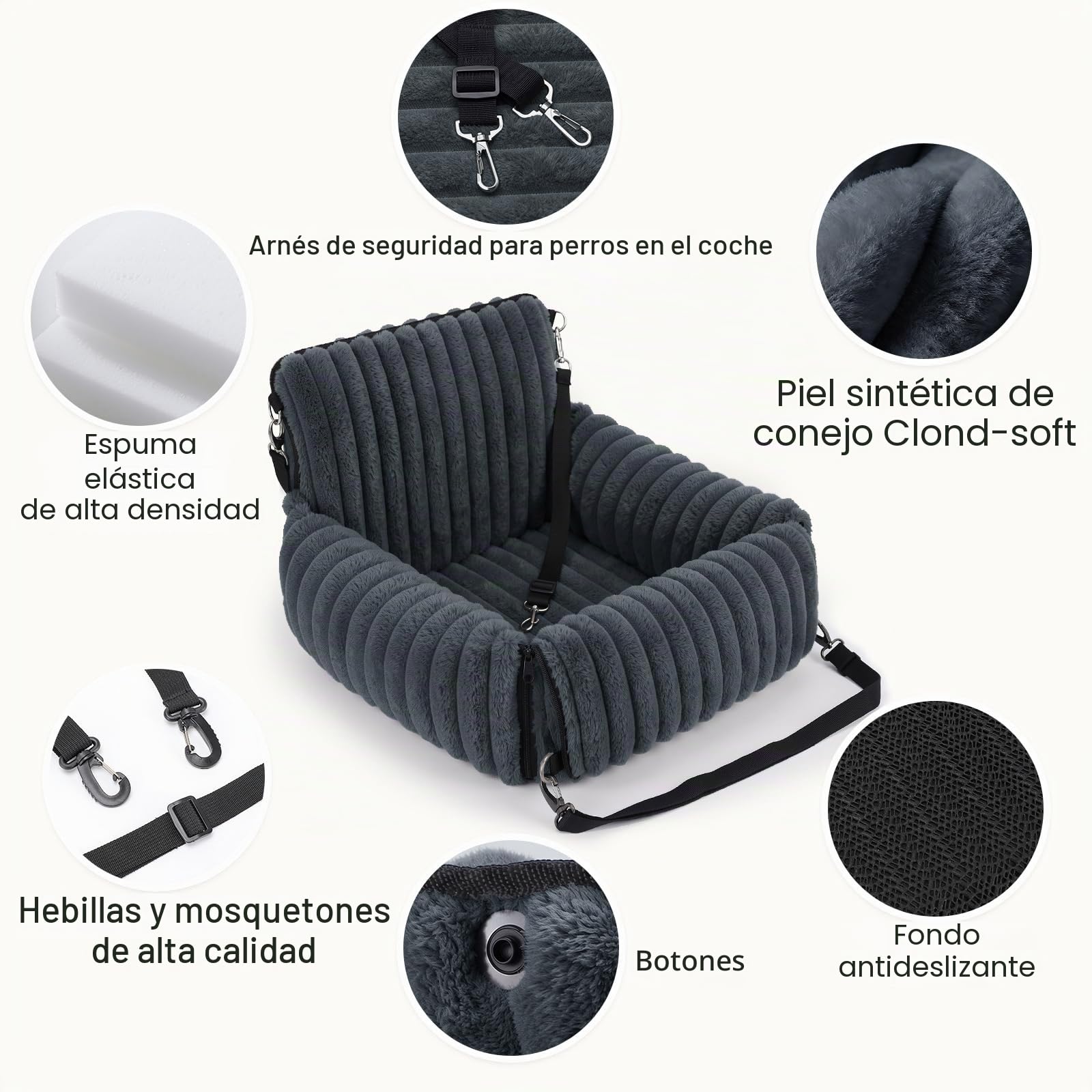 MIXJOY Asiento de Coche para Perros pequeños y medianos, extraíble y Lavable, Correa con inserción, Relleno de Espuma viscoelástica Espesa, para Asiento Trasero y Delantero (Ggris)