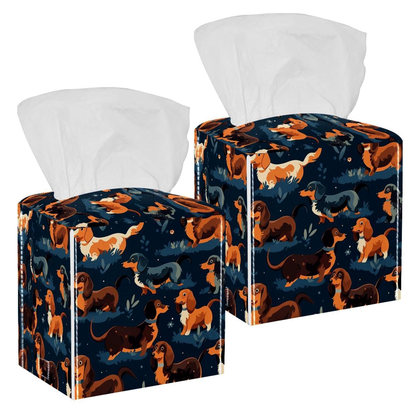Cartoon Dog Tissue Box Cover, 2 Pack PU Leather Square Facial Tissue Dispenser Box holder for Home Office Car