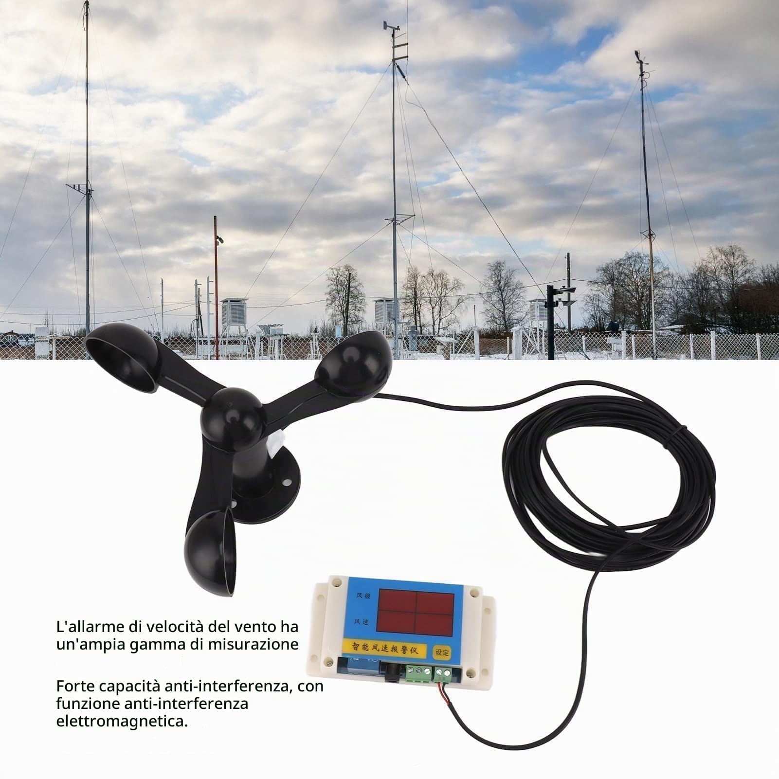 Anemometro USB con 3 Pale, Dispositivo di Allarme per Velocità del per Gru a Torre, 5V, Alta Precisione, con Funzione di Memoria dopo Interruzione di Corrente, per Uso Esterno