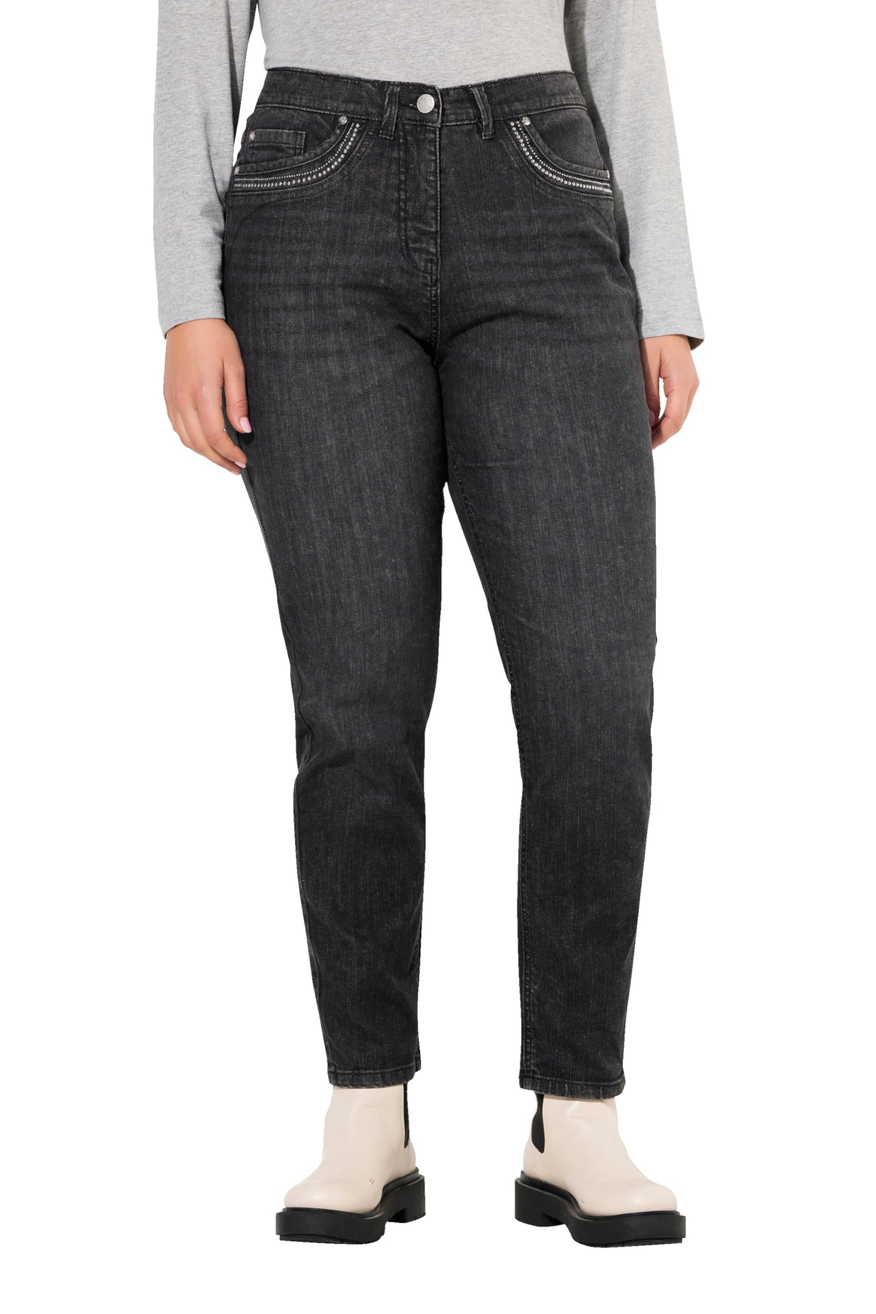 Ulla Popken Damen große Größen Übergrößen Plus Size Mom-Jeans, weites Bein, Ziernieten, Komfortbund 830658