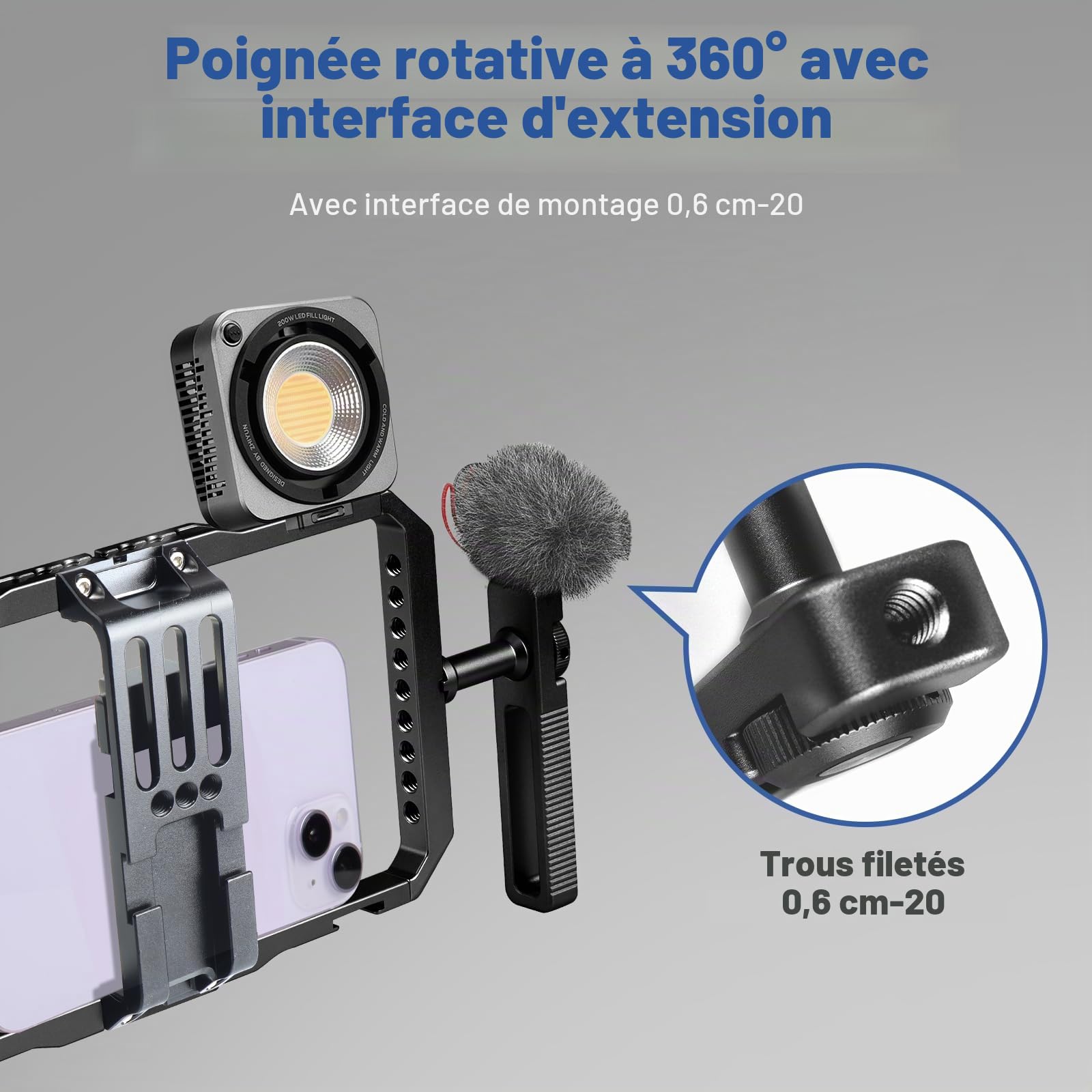 Kit de stabilisateur Universel pour téléphone Portable Vlogging & Filmmaking, Support Cage vidéo avec poignées rotatives à 360 °, Compatible avec iPhone 17/16/15/14/13 et téléphone Portable Android