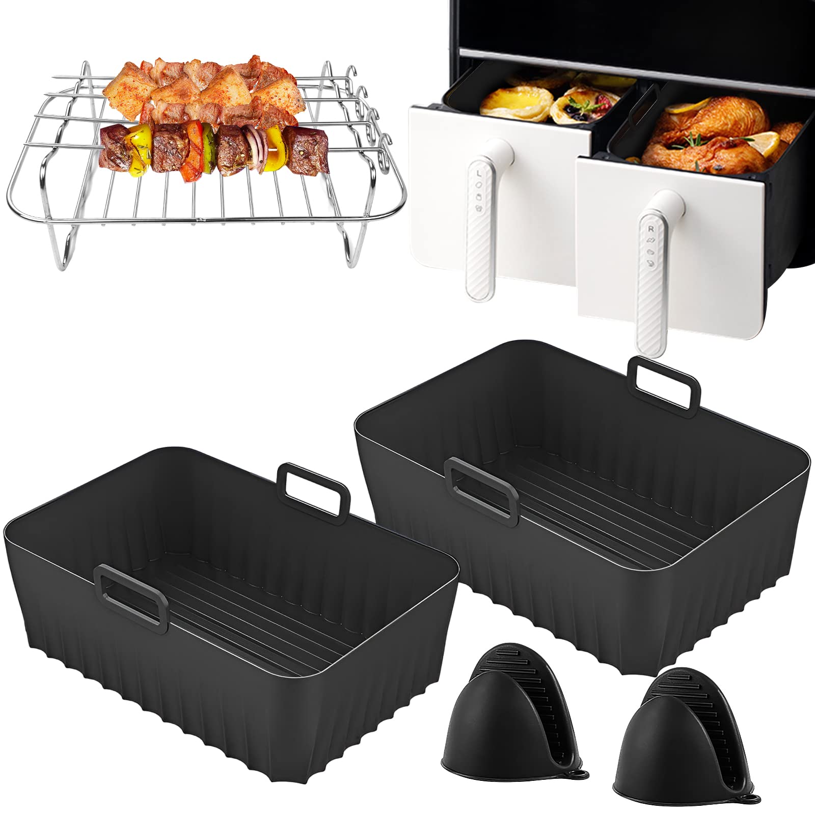 Reusable Air Fryer Accessories, 2 Pcs Silicone Air Fryer Liners for Ninja Dual Air Fryer, Silicone Gloves & Stainless Steel Air Fryer Rack with 4 Skewers for Air Fryer & Oven