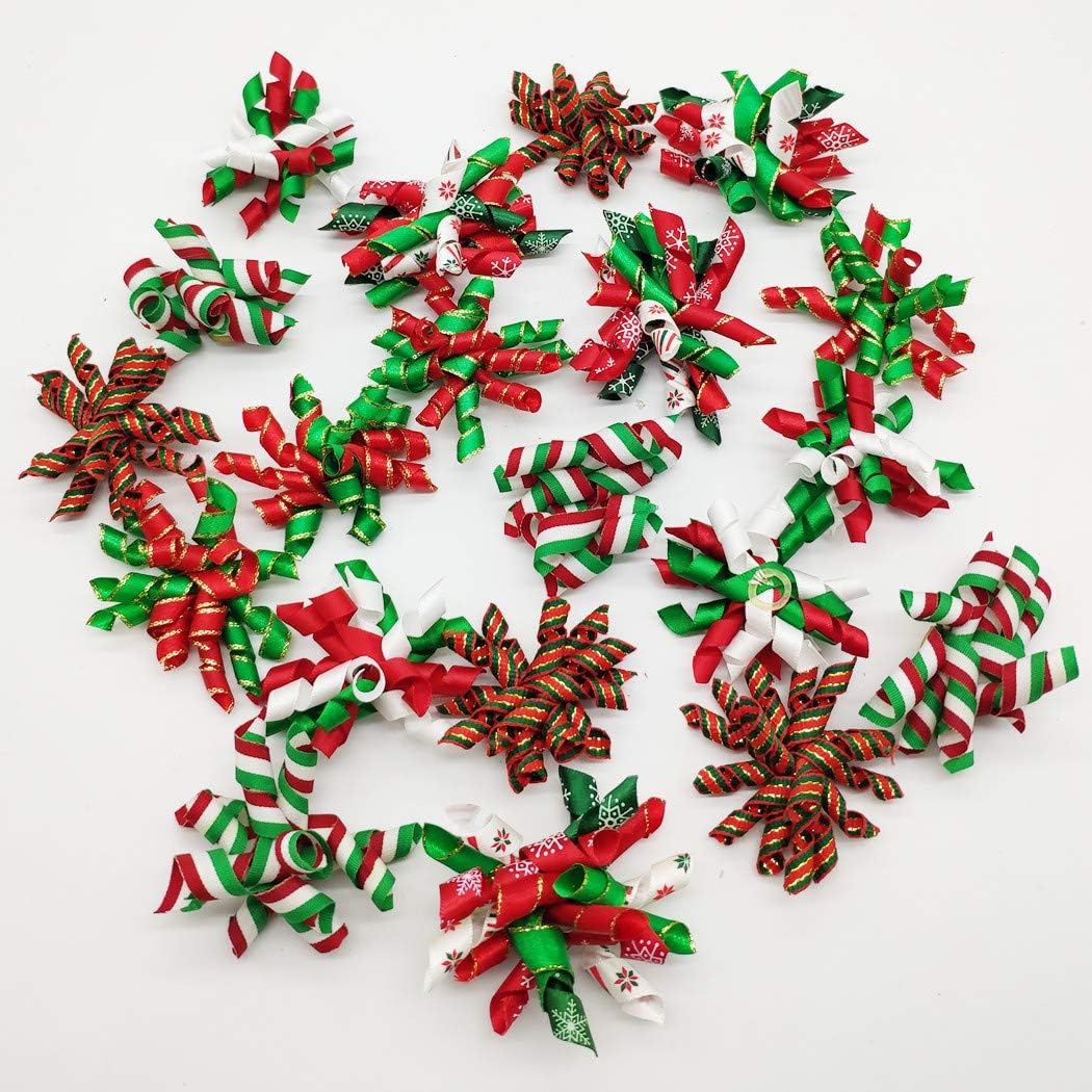 20PCS Pet Dog Cat Curves Bows Xmas Hair Bows Puppy Grooming Bows Hair Accessories with Rubber Bands for Christmas (Mixed)