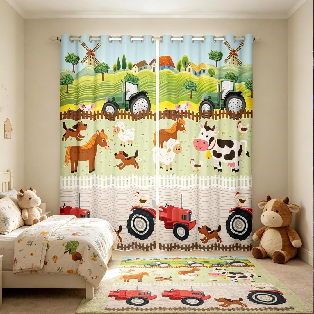 Loussiesd Kids Cartoon Farm Animals Window Curtains for Bedroom Living Room Toddler Cute Tractors Curtain Child Farmhouse Country Window Drapes Colorful Nature Window Treatments,W46*L72