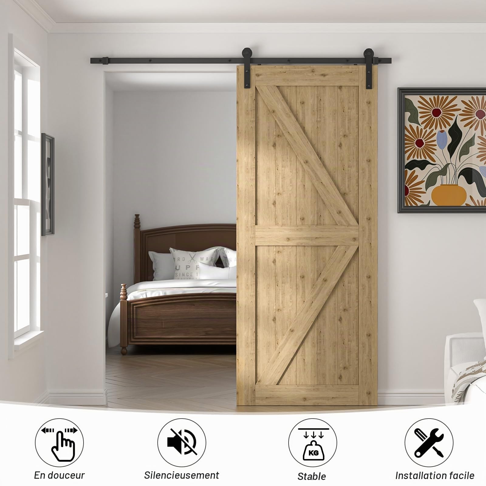 TSMST Kit de rail coulissant pour porte de 202 cm/6.7 pi, ensemble complet pour portes coulissantes, kit de rail noir, convient pour une seule porte en bois, forme en J