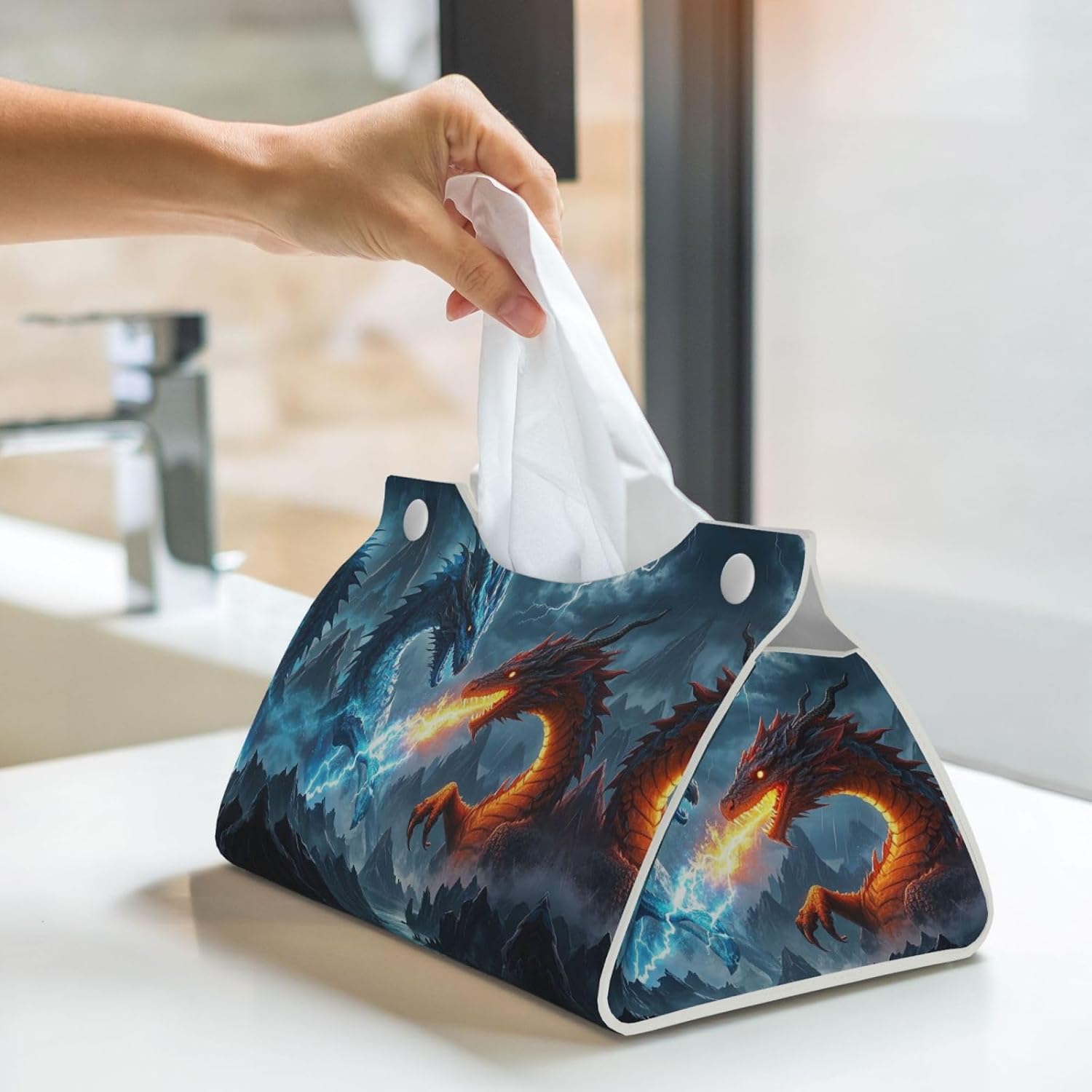 Decorative Tissue Box Cover Ice Dragon and Fire Dragon Tissue Box Holder Aesthetic Leather Storage Organizer Box for Bathroom Vanity Tabletop Night Stands Office Funny Home Decorative Tissue Case image 5