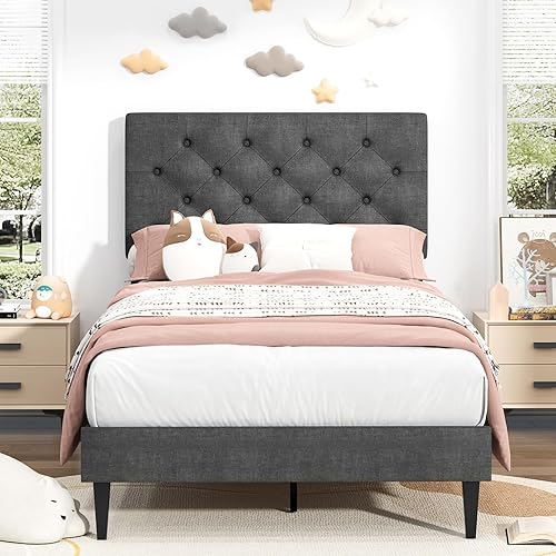 Miniatura 109 de BarnFurin Base de cama de tamaño matrimonial con cabecero, cama de plataforma tapizada con cabecera capitonada con botones ajustables, marco de cama