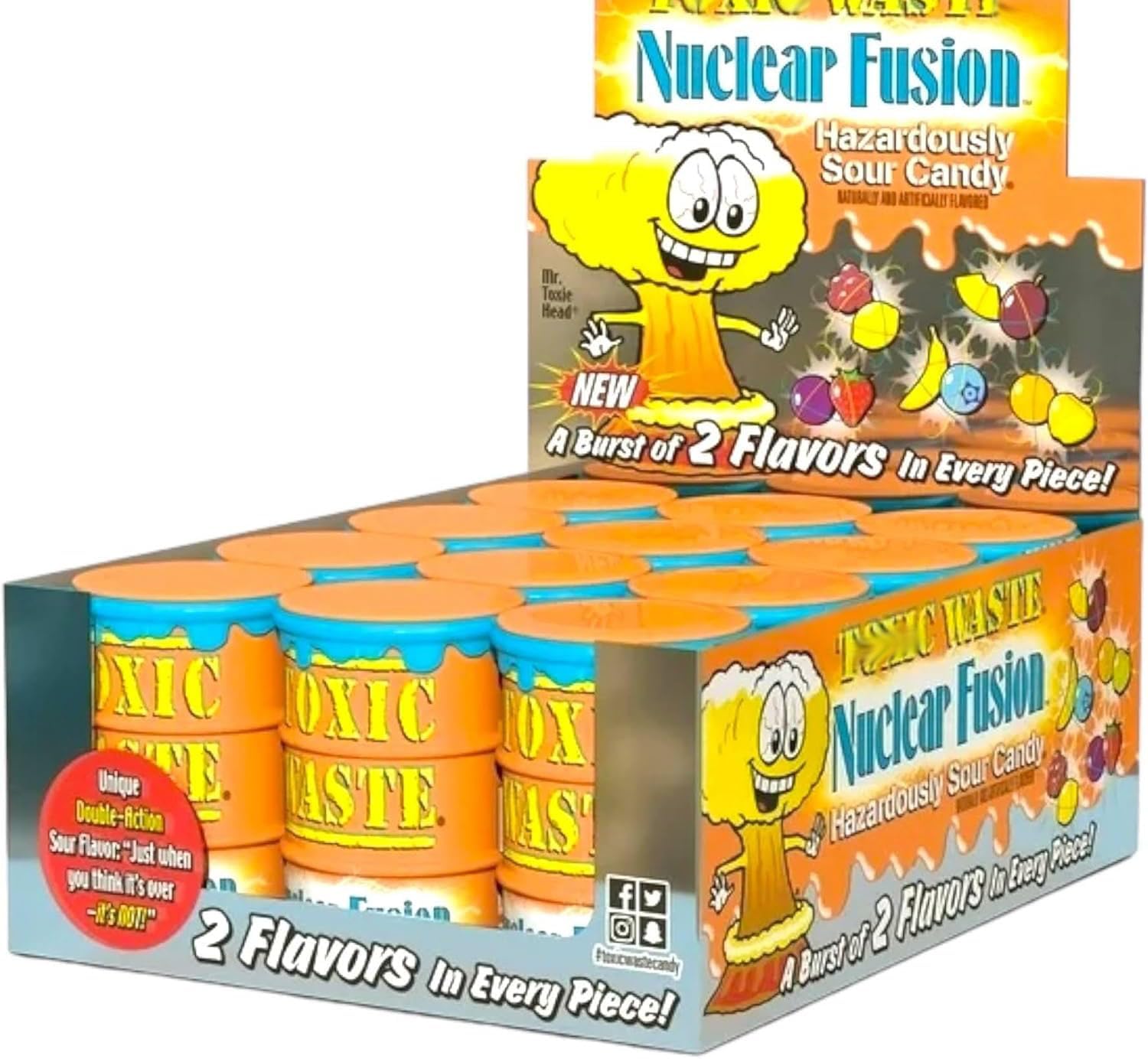 Toxic Waste Drums Hazardously Sour Candy Sweets - 12x Drums: 5 Sour Flavours (Nuclear Fusion Drum: Raspberry/Lemon, Orange/Apple, Banana/Blueberry, Grape/Strawberry, Pineapple/Passion Fruit)