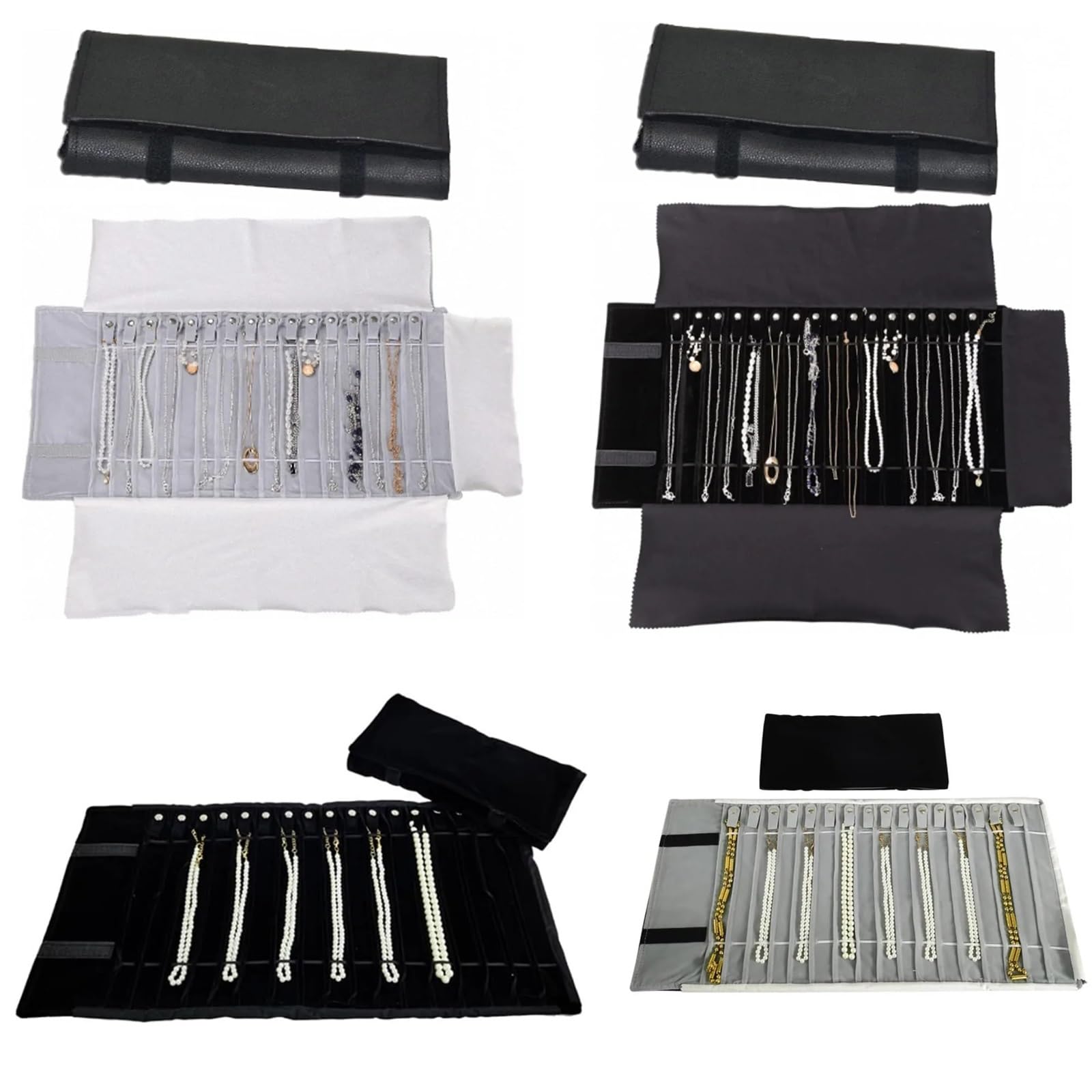 Schmuckrolle Tragbare Schmuckrolle, entwirrt, sichere Halskette, Reise-Aufbewahrungstasche, Displayhalter, 16 Ketten, PU-Leder, Samt, Schwarz und Grau(All black velvet)