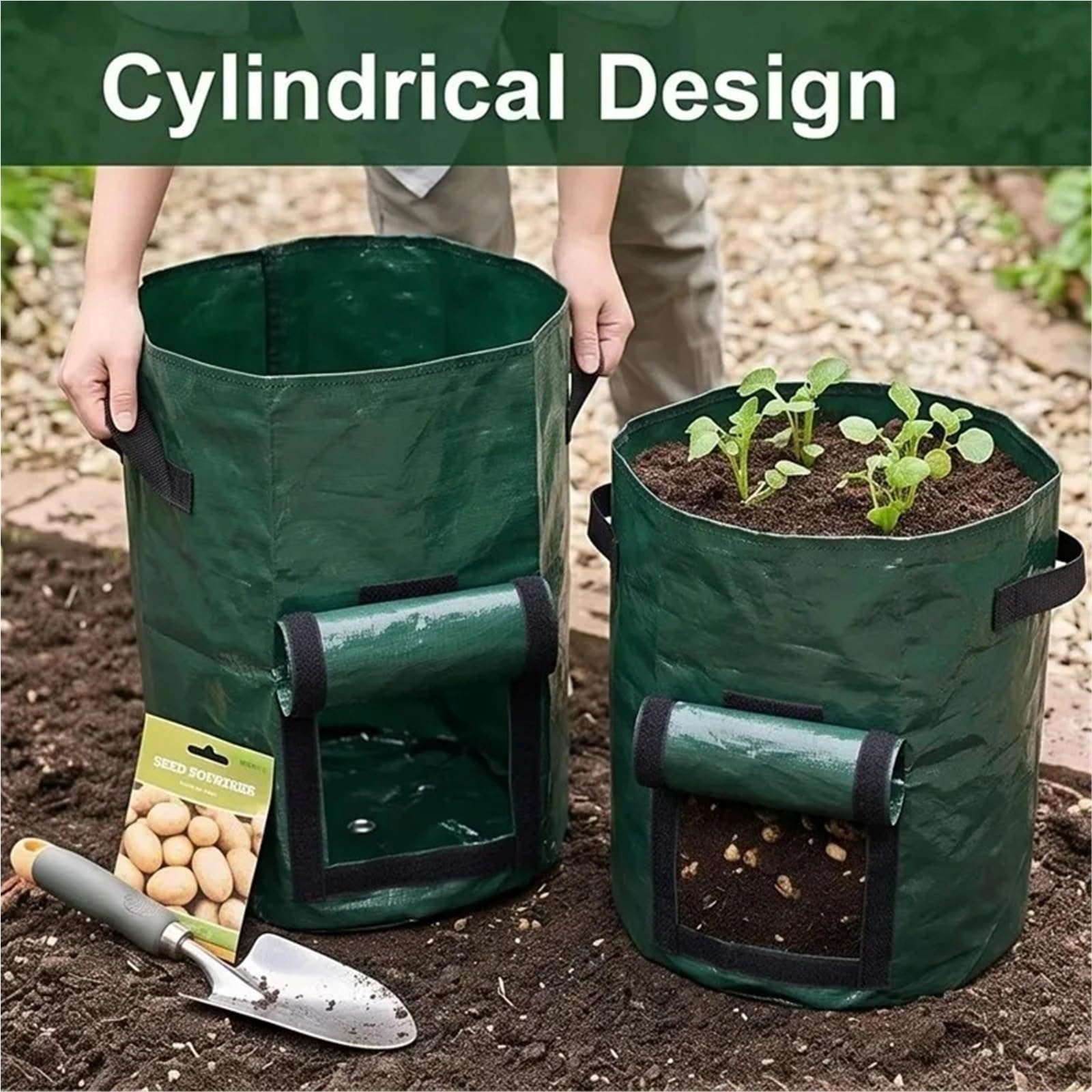 Bolsa para Residuos de Jardín Bolsa de cultivo patatas PE 1/2 piezas | Con ventana de cosecha y manijas(35x45cm,2pcs)