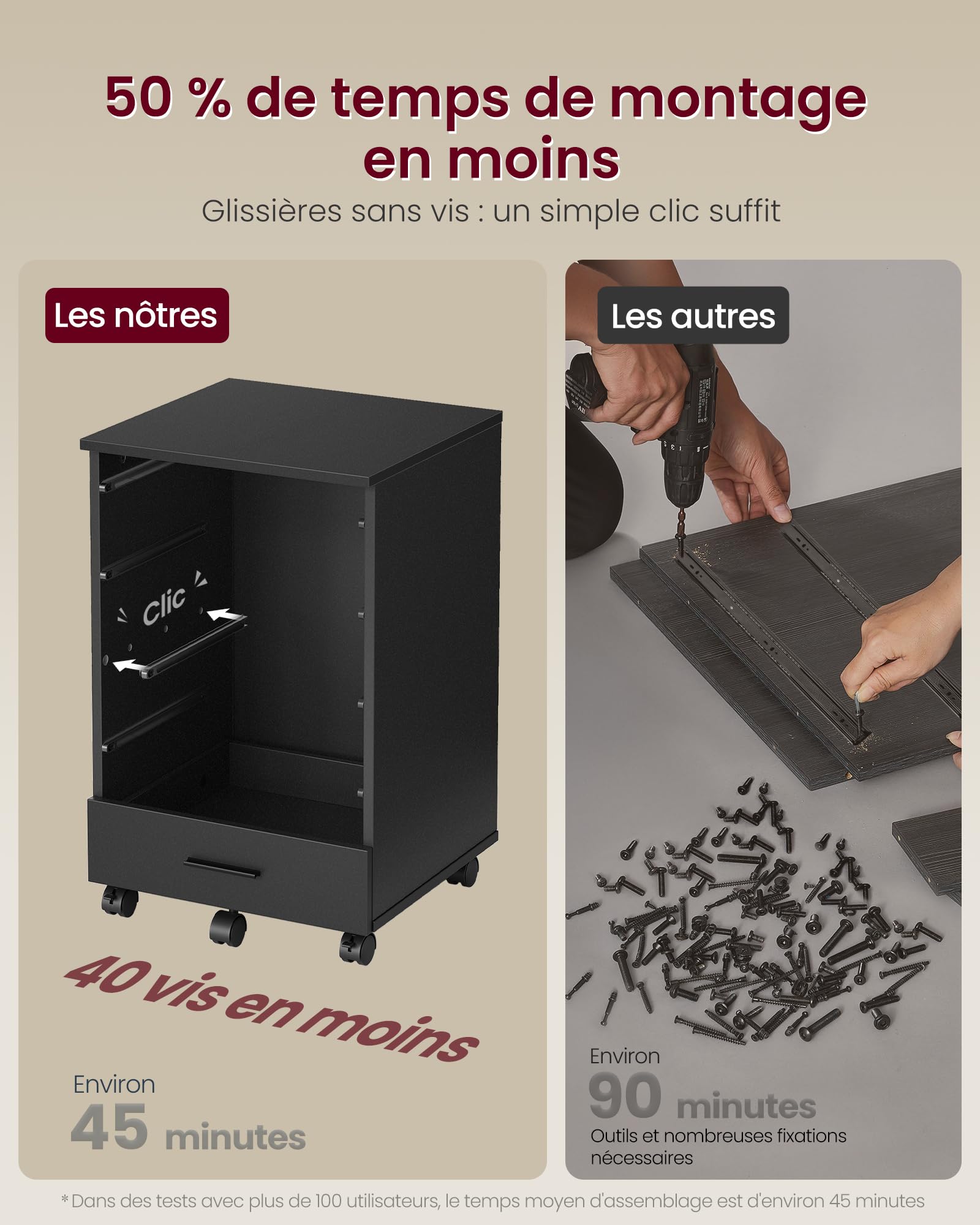 VASAGLE Caisson de Bureau à roulettes, Meuble de Rangement, Support pour Imprimante, avec 5 Tiroirs, Rails Coulissants, pour Bureau, Télétravail, Noir d'encre OFC081BC02