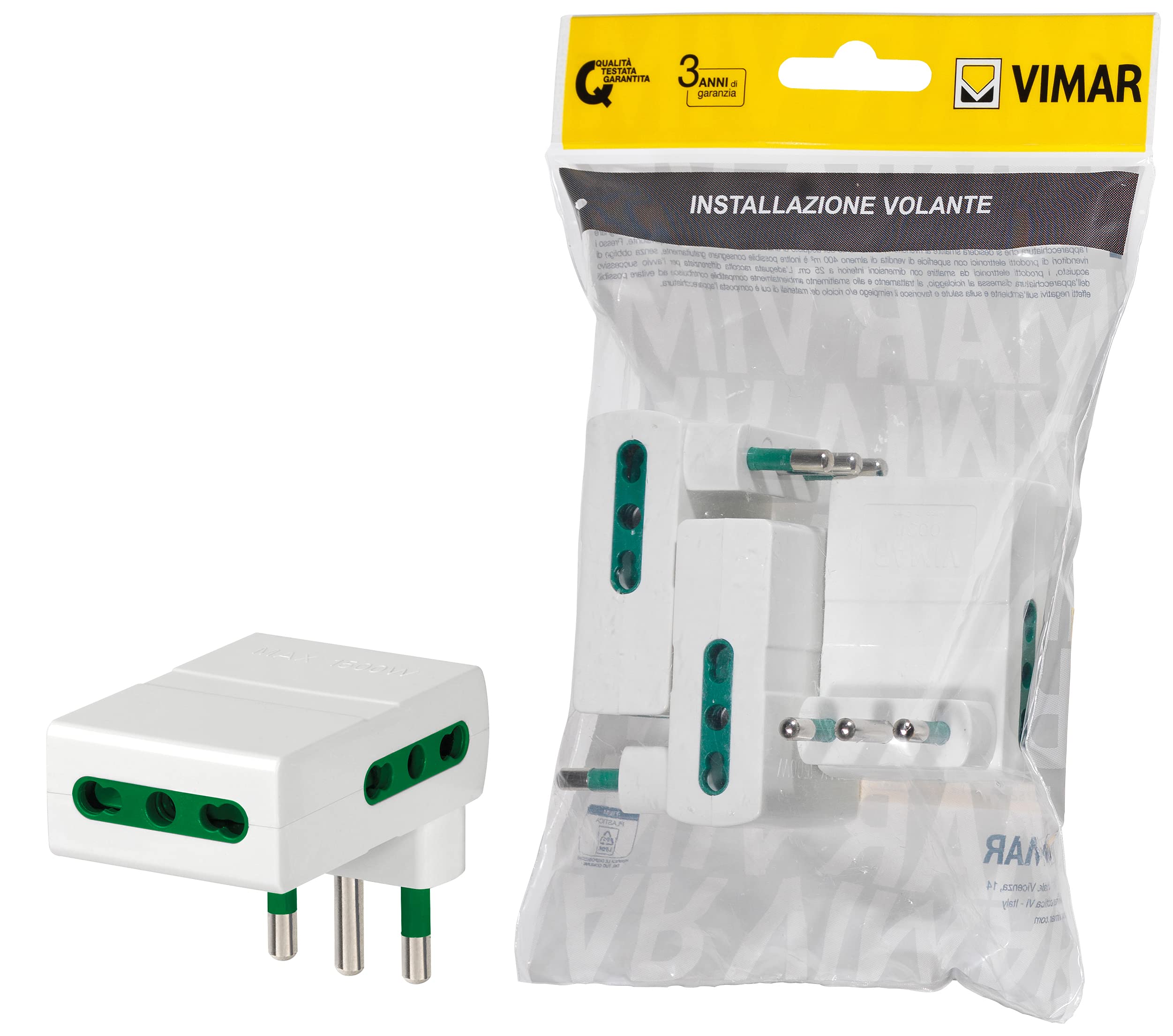 Vimar FP00311.B Adattatore multiplo salvaspazio SICURY 250 V~ 3 pezzi, spina 2P+T 16 A standard IT tipo S17, 3 Bpresa 2P+T 16 A IT tipo P17/11