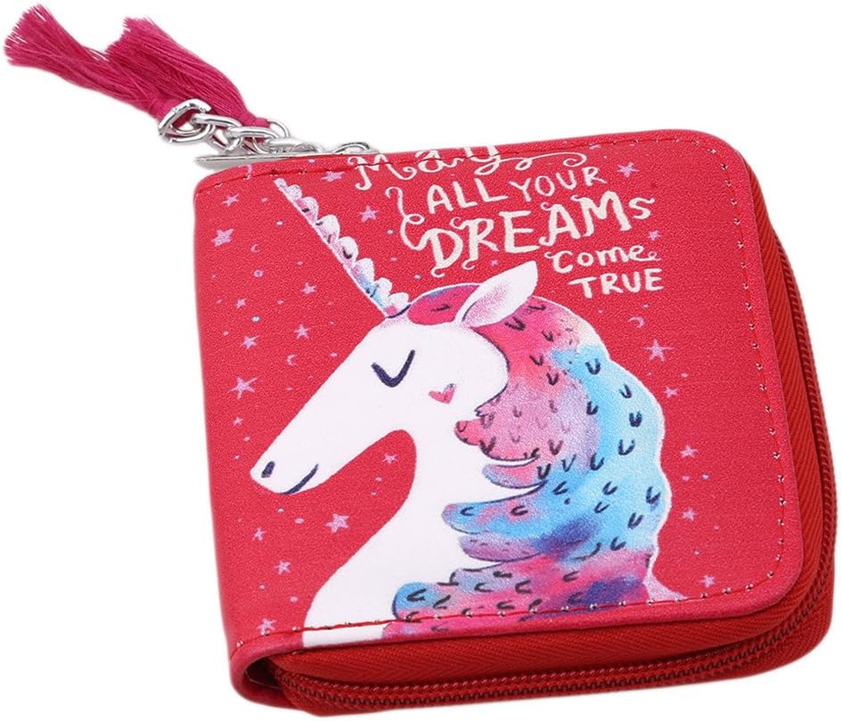 Chinget Unicorn Pattern Girls Coin Purse Students Cartoon Zip Coin Bag Wallet (Red)