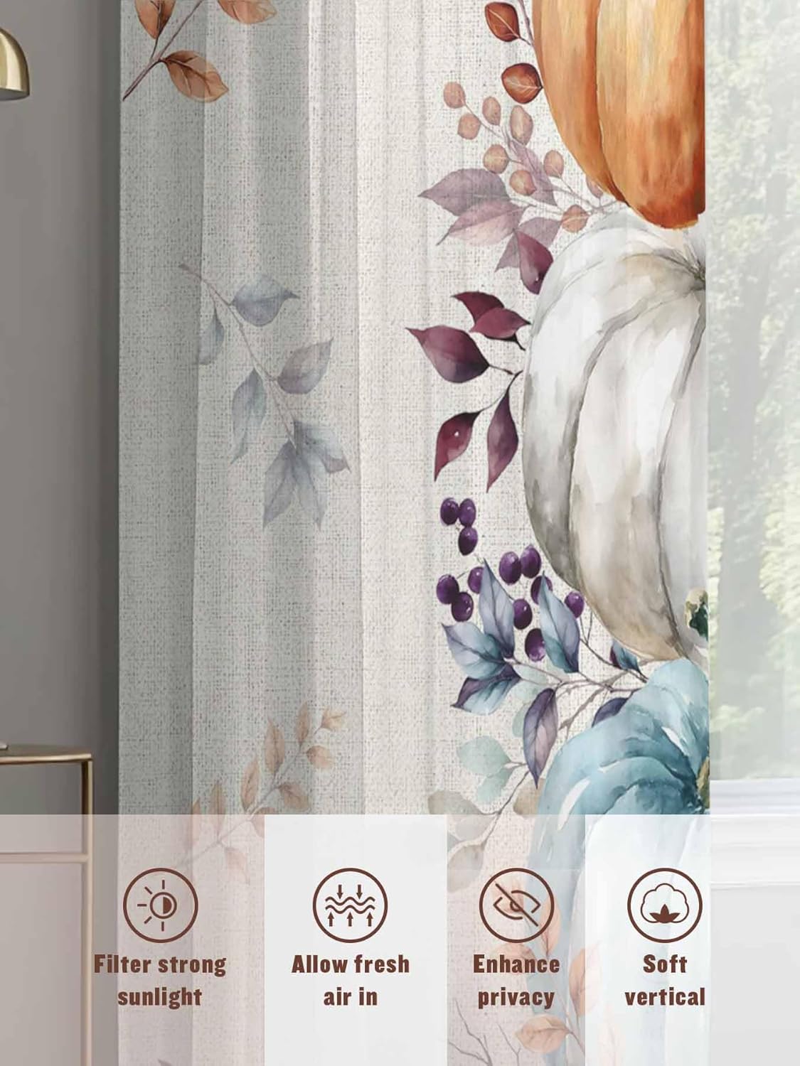 Fall Sheer Curtains for Living Room Bedroom Orange Bluee Pumpkins Thanksgiving Farmhouse Leaf Sheer Curtains 54 Inch Long 2 Panels Set Light Filtering Curtain Window Treatments Drapes for Dining Room