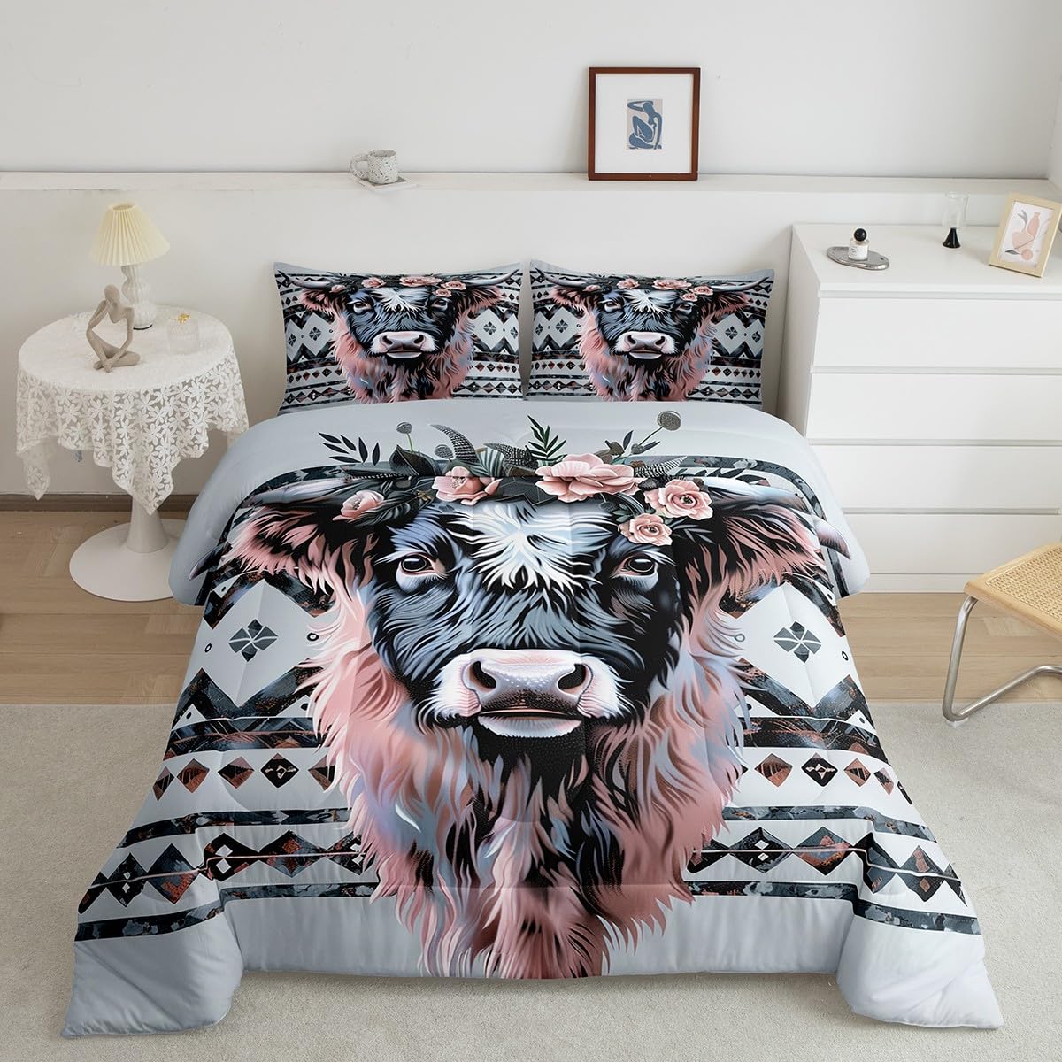 jejeloiu Highland Cow Comforter Set Western Highland Cattle Bedding Set Toddler for Kids Boys Girls Teens Botanical Floral Printed Comforter Romantic Duvet Set with 1 Pillow Case