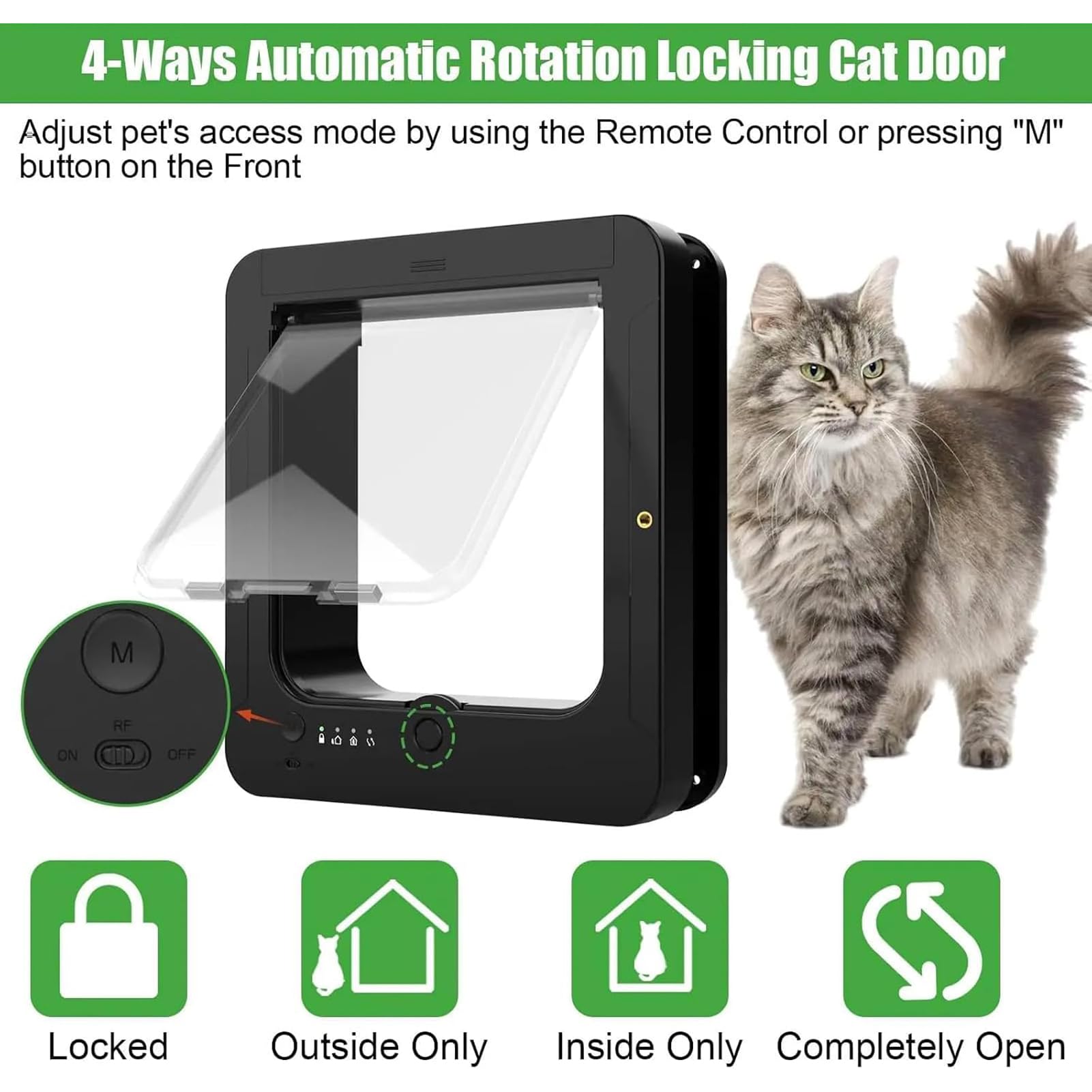 Puerta para Gatos con Microchip Inteligente, Puerta para Mascotas Activada | 2 Llaves de Collar, Sistema Cortavientos, Fácil Configuración de Bricolaje, Puertas Grandes con Solapa Para Gatos(black)