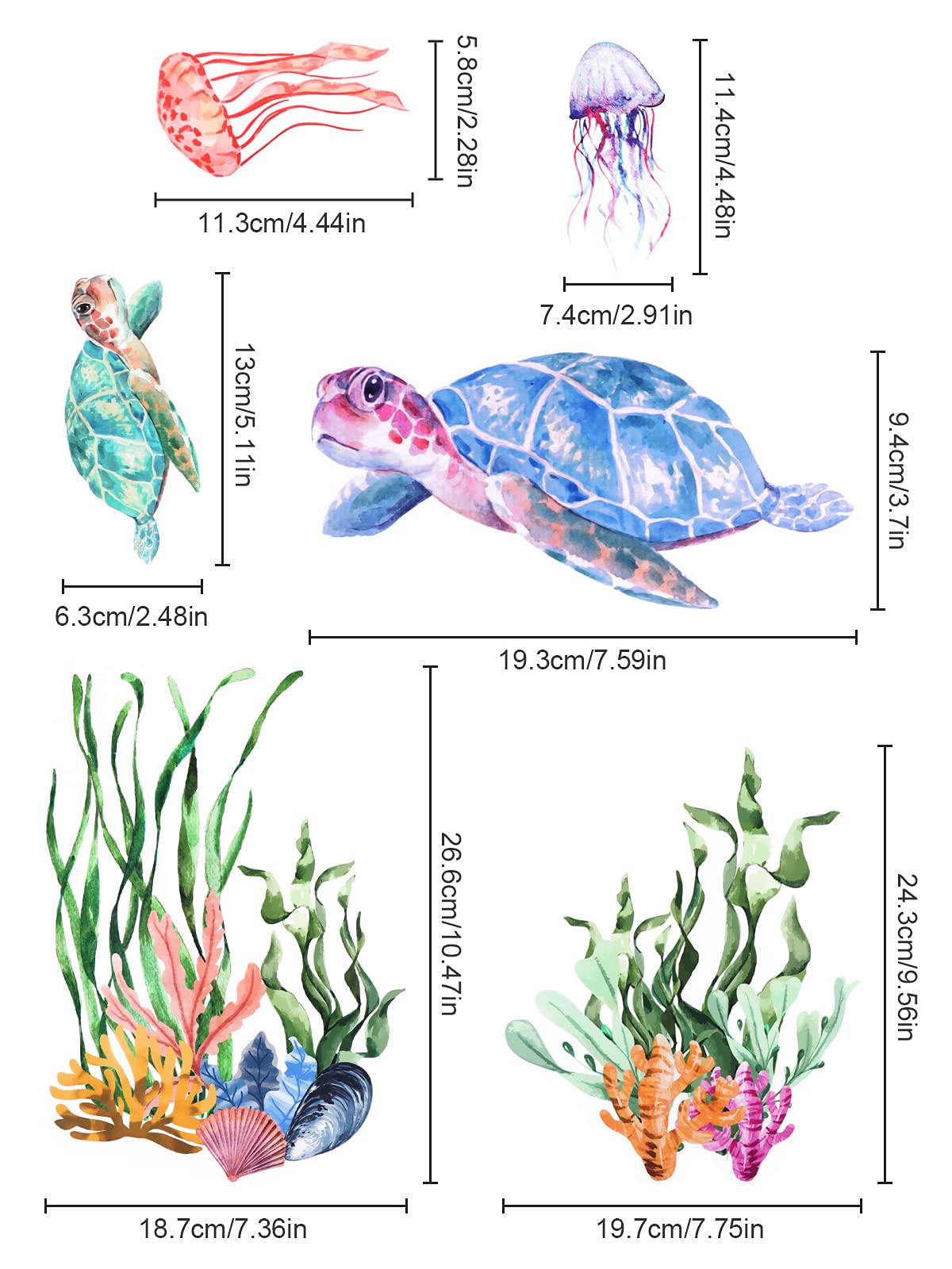 Sea Turtle Wall Stickers - Underwater Ocean Decals With Seaweed & Bubbles For Kids Rooms