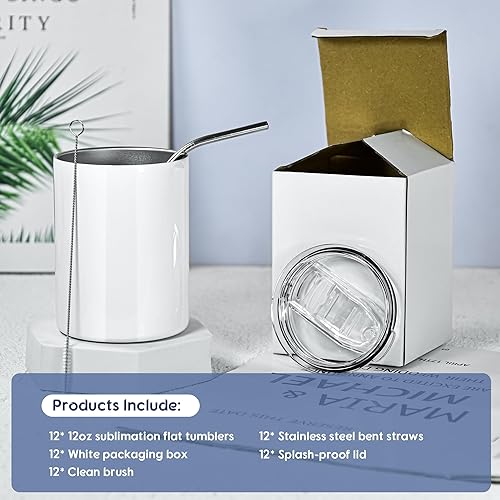Miniatura 2 de AGH Vasos de sublimación de 12 onzas, paquete de 12 vasos rectos con tapa y popote, vaso plano 12 piezas,6 unidades.