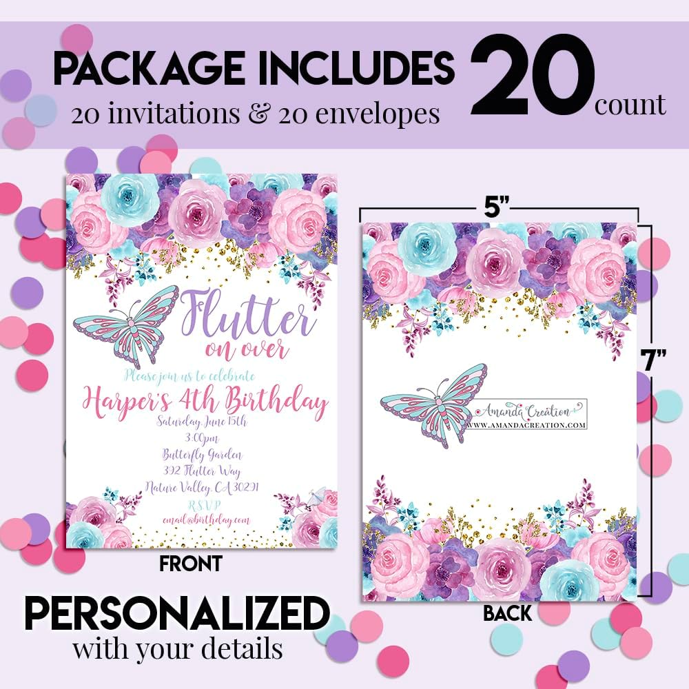 Custom Birthday Invitations Floral Butterfly Invitation 20 5x7 Custom Floral Butterfly Birthday Invitation Cards With Envelopes - Unique Party Theme Invites