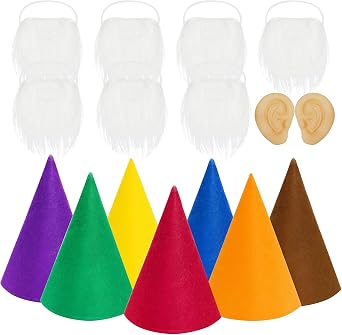 Fengek 16 Packs Gnome Costume Set 7Pcs Felt Dwarf Hats 7Pcs White Fake Beard 2Pcs Fake Ears for Halloween Christmas Cosplay