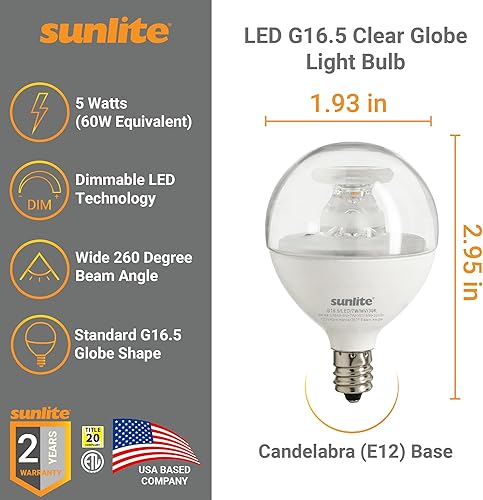 Miniatura 9 de Sunlite Bombilla LED G16.5 82041, 5 vatios (equivalente a 40 W), 350 lúmenes, 90 CRI, base de candelabro (E12), escarcha, regulable, Energy Star,