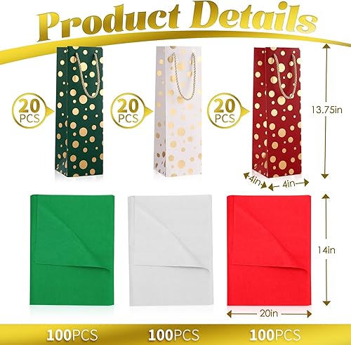 Miniatura 8 de Woanger 60 bolsas de regalo de vino de Navidad a granel de color rojo, verde y blanco, bolsas para botellas de vino navideñas con asas y 300 papel