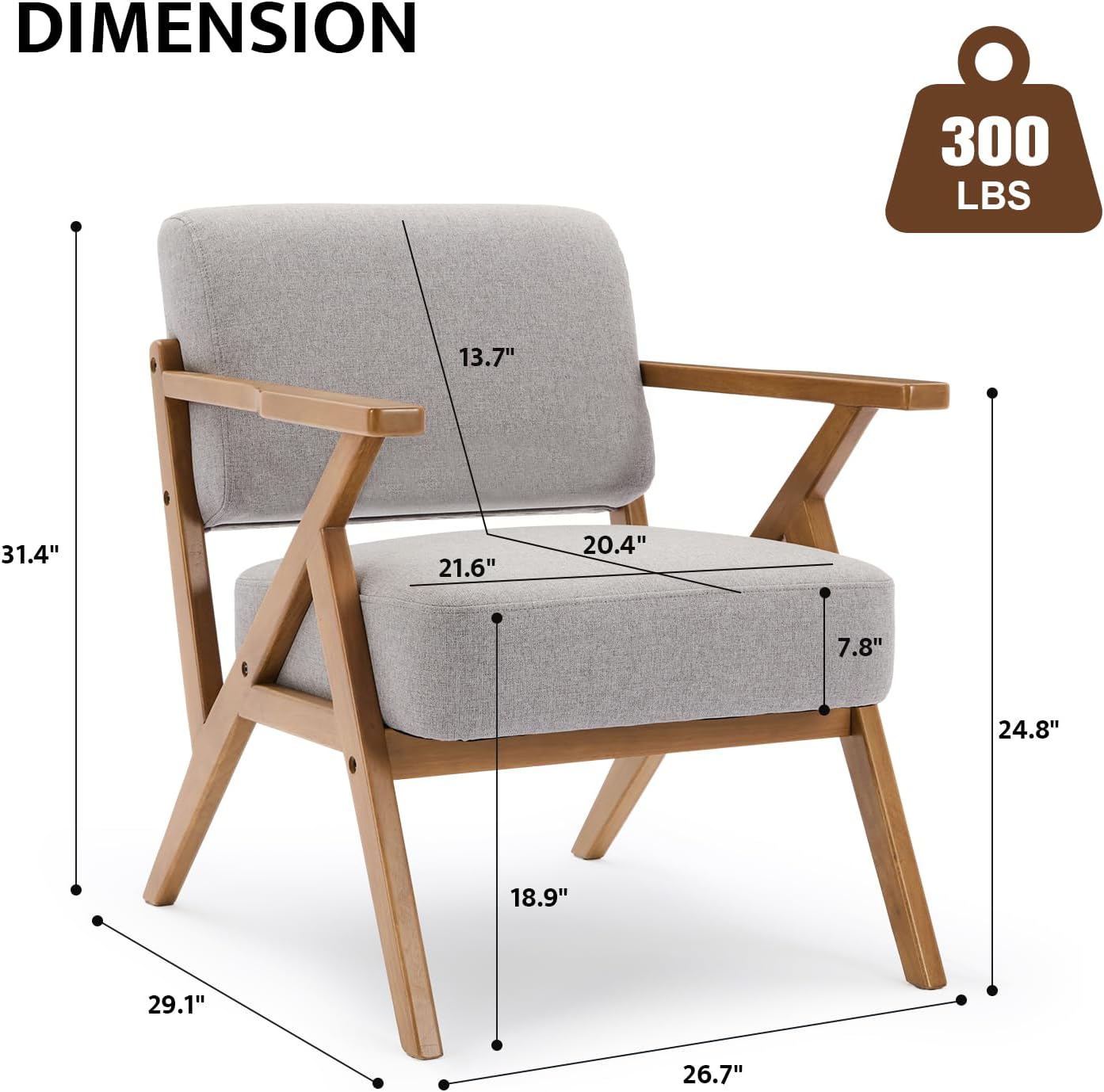 Ergonomic Mid-Century Modern Lounging Armchair | Solid Wood Frame & Plush Thickened Cushion | Versatile Seating for Living Room, Reading Nook & Balcony, Light Grey Linen