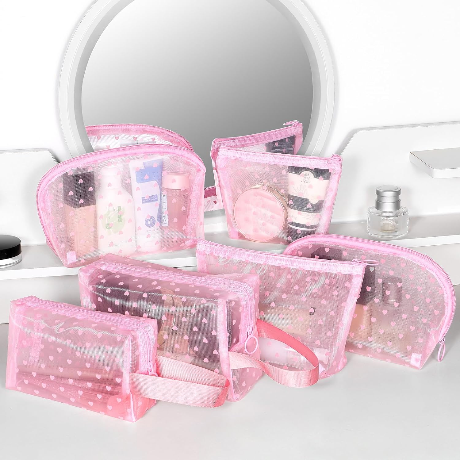 6 Pieces Zipper Mesh Makeup Bags Set, Nylon Cosmetic Bags Portable Clear Toiletry Bas Travel Organizer Bags for Office Travelling Organization (Pink Heart Printed, Assorted Size) image 5