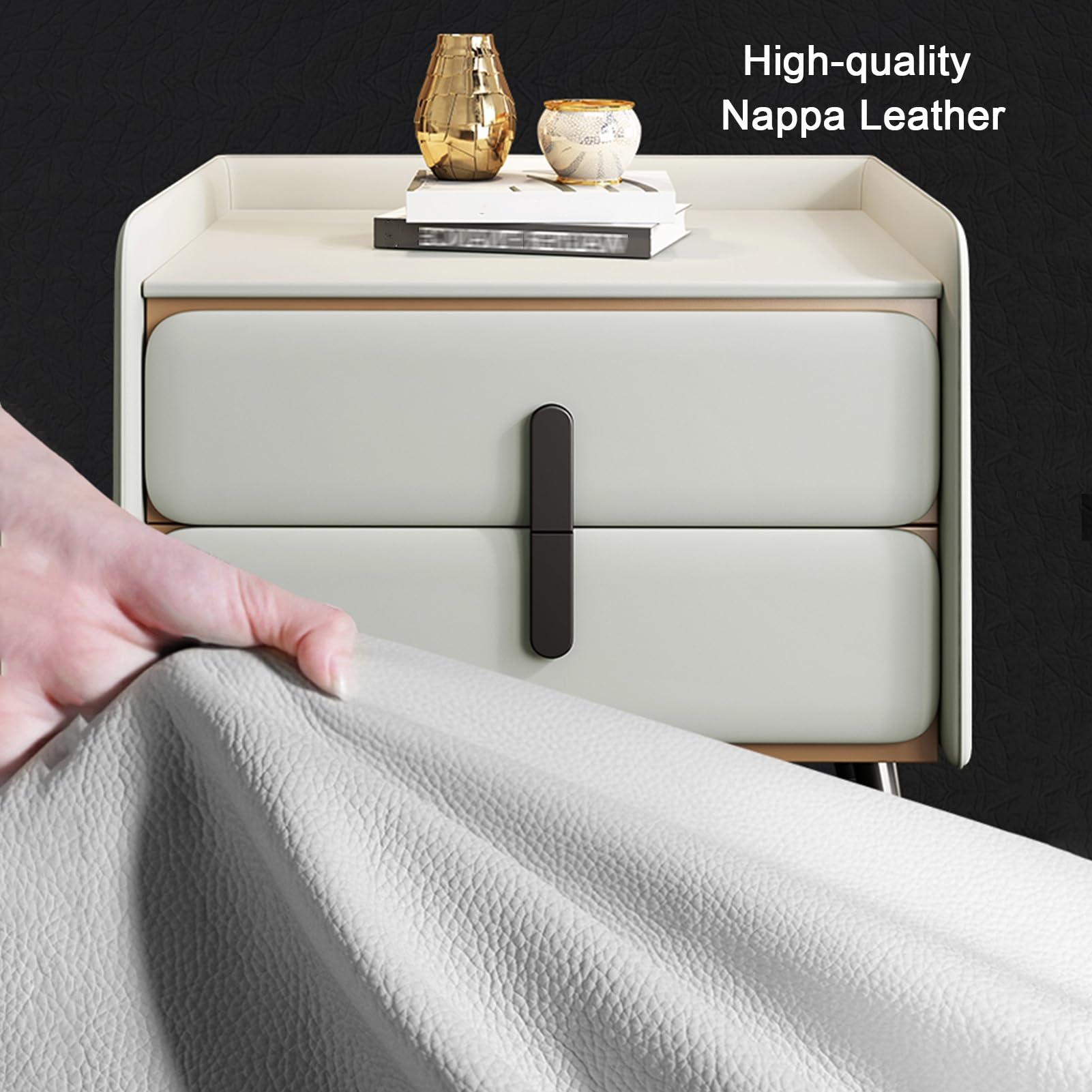 Moderner Nachttisch mit 2 Schubladen, eleganter hölzerner Nachttisch mit vergoldeten Stahlgriffen, Nappalederplatte, ideal für Schlafzimmer und Wohnzimmer