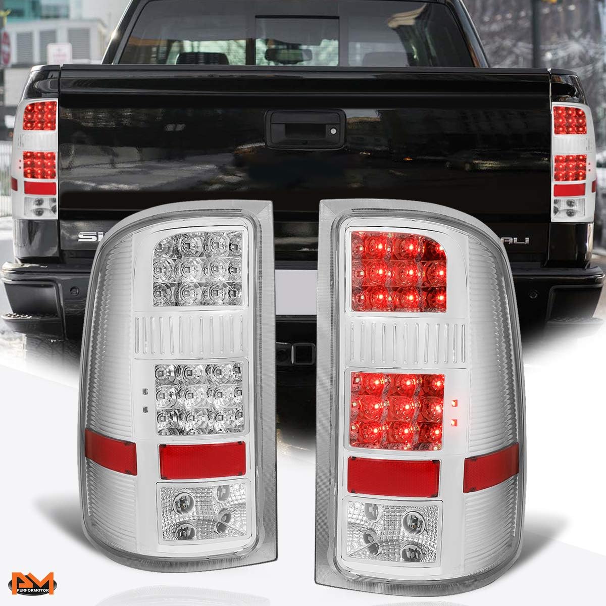 PM PERFORMOTOR Full LED Tail Lights Brake Lamps Assembly Compatible with 07-14 GMC Sierra,Chrome Housing/Clear Lens