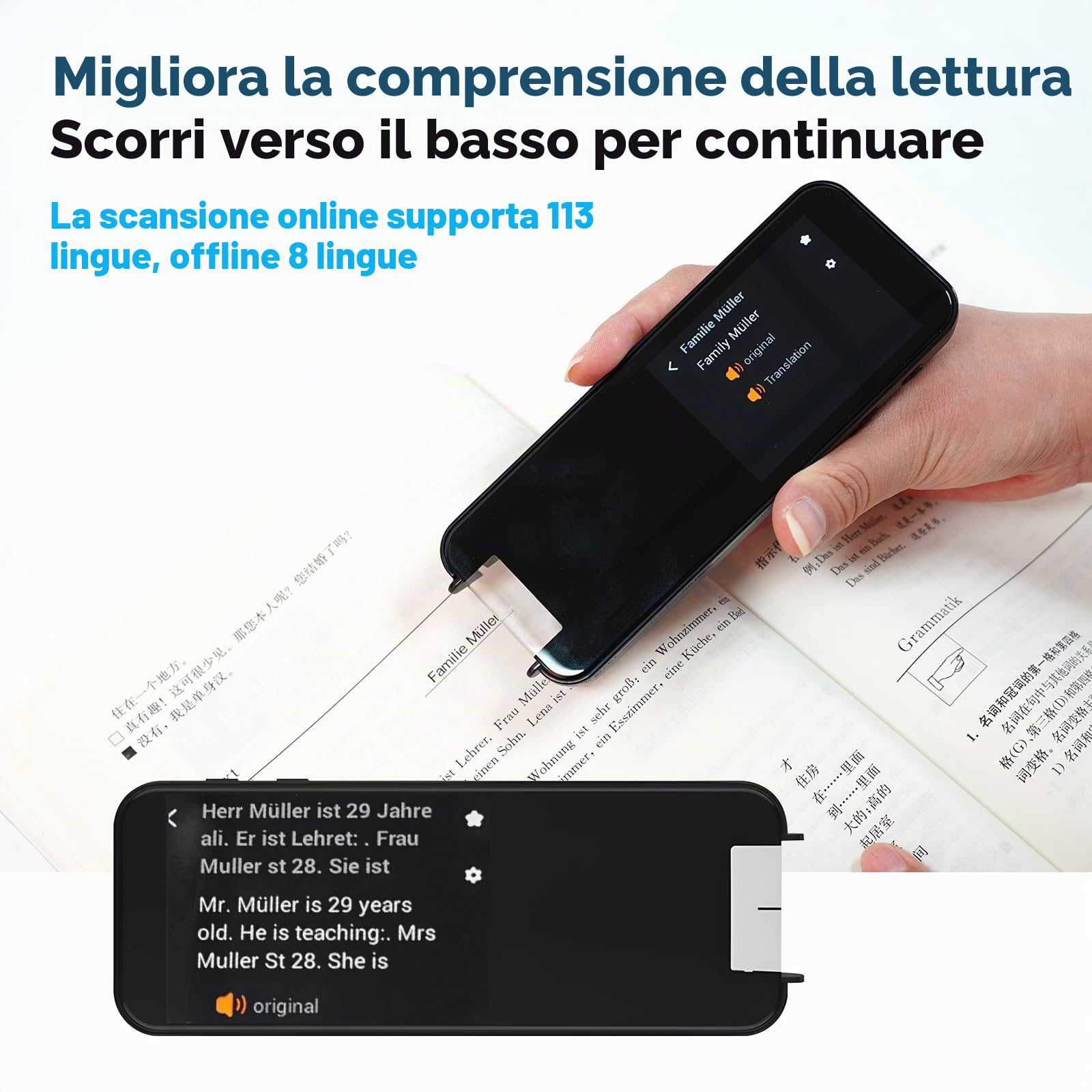 Scan Reader Pen - Penna di traduzione per 113 lingue per bambini e studenti con dislessia, scansione offline e traduzione vocale in 8 lingue, supporta la scansione in testo e traduzione di foto