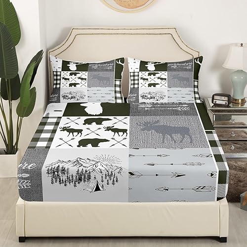 Miniatura 3 de Juego de ropa de cama de cabaña retro con diseño rústico de oso y ciervo para niños, adolescentes y adultos, juego de ropa de cama de caza de