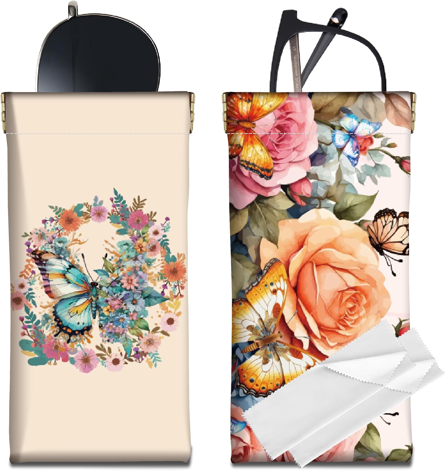 CREATCABIN 2Pcs PU Leather Sunglasses Pouch Squeeze Top Glasses Case Soft Sunglasses Case Portable Eyeglass Pouch Flower Glasses Holder with Cleaning Cloth for Women Travel 3.5x7Inch