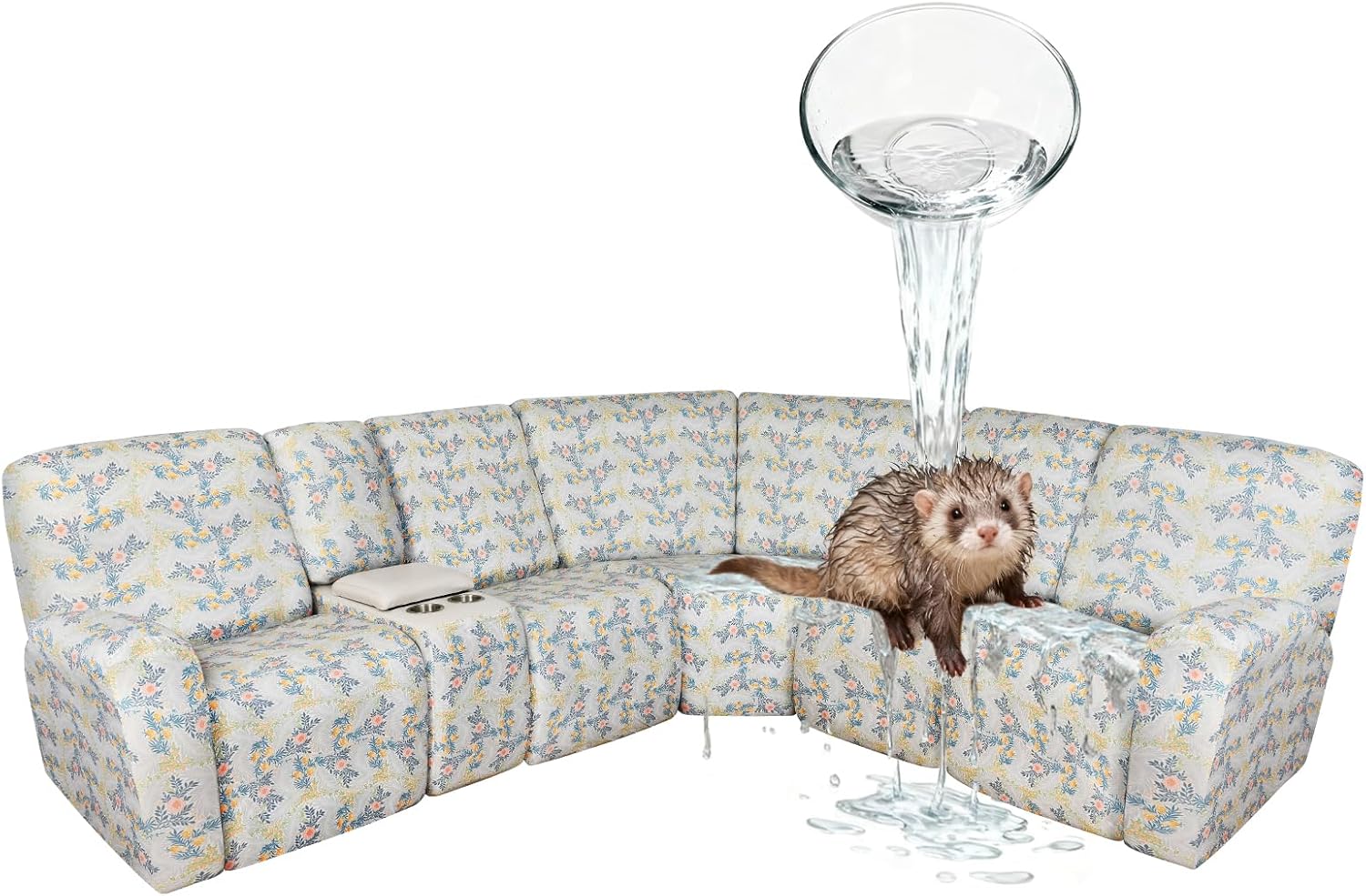 ALIECOM 100% Waterproof Sectional Recliner Couch Covers L Shape Printed Stretch Corner Reclining Sectional Sofa Cover Washable Pet Dog Recliner Slipcovers (Willow Floral, 5 Seat and 1 Console)