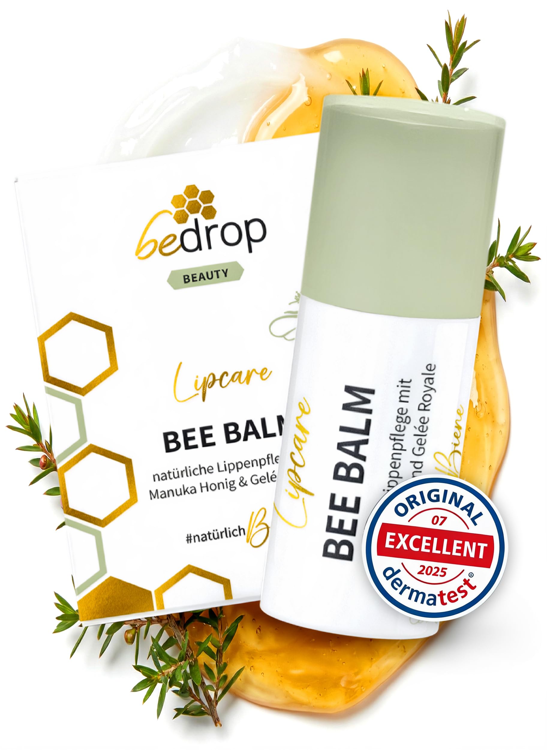 bedrop BeeBalm Lippenpflege Lippenbalsam im Pump-Spender mit Manuka Honig, Gelée Royale, Retinol - feuchtigkeitsspendend, Anti-Aging für Lippen & Nase 100% natürlich, 6ml