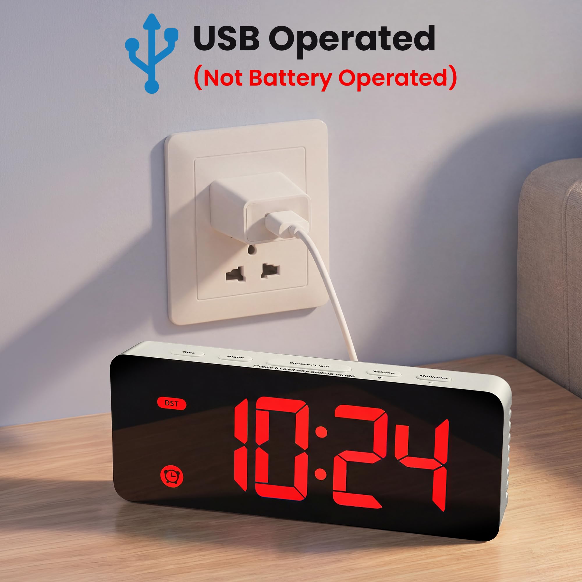 HODIK Reloj despertador para dormitorio de niños, reloj digital pequeño, 4 retroiluminación regulable, 3 volúmenes ajustables con repetición (pantalla roja)