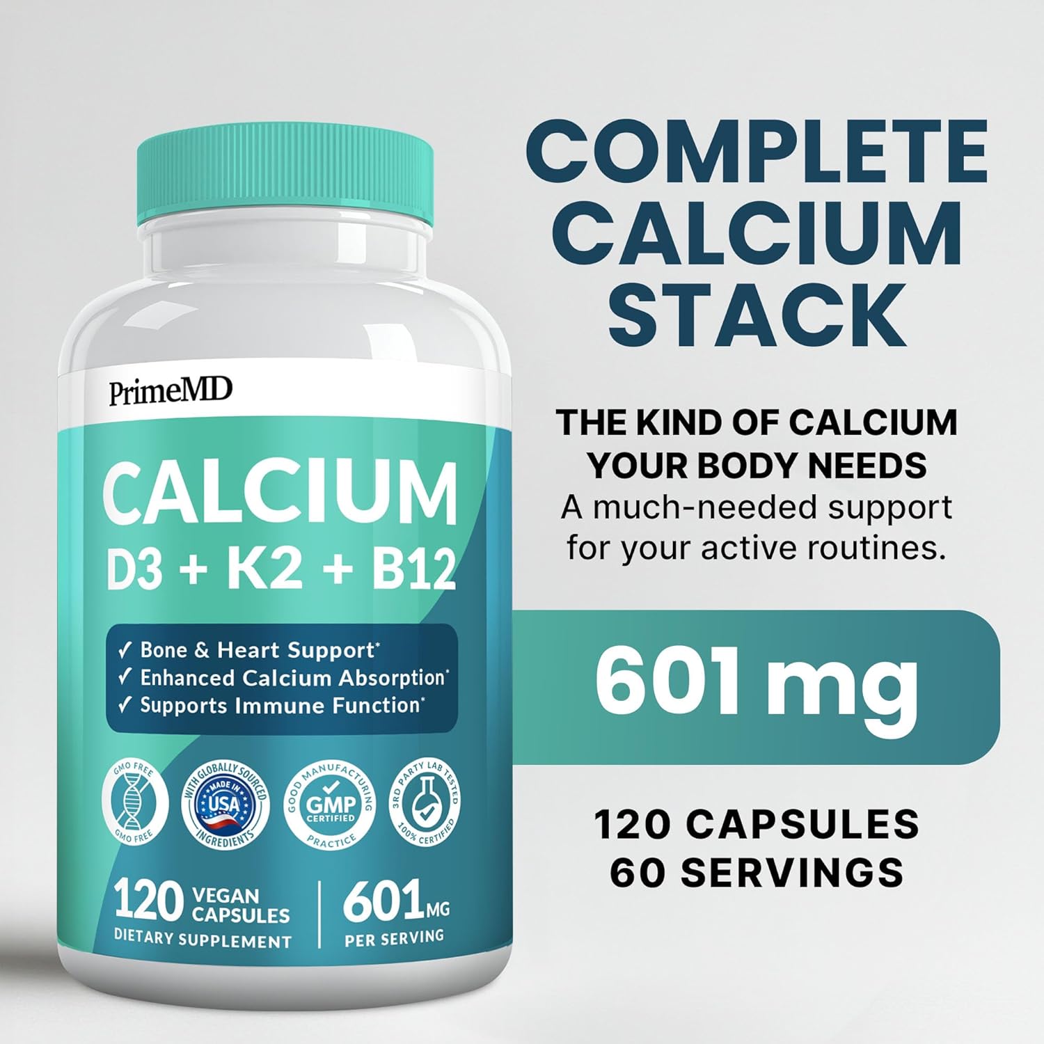 4-in-1 Calcium Supplements for Women and Men - Calcium with Vitamin D3 K2 5000 IU Supplement, 601mg per Serving - Gluten-Free, Vegan-Friendly (120 ct) - Image 2