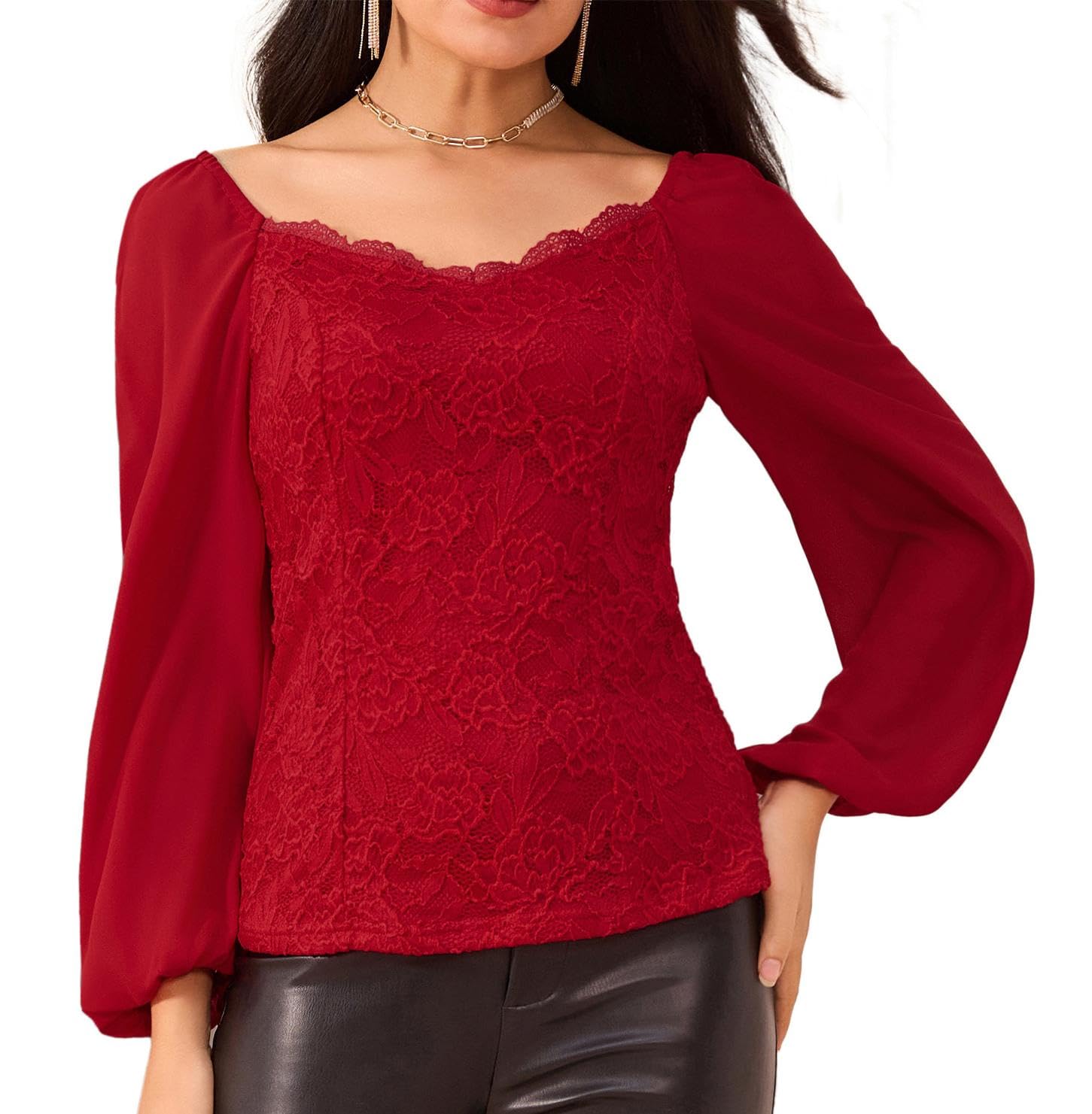 GRACE KARIN Blusa de Encaje para Mujer Top con Cuello en V Camisa Puff Blusa de Manga Larga Camisa Elegante Túnica Tops de Encaje